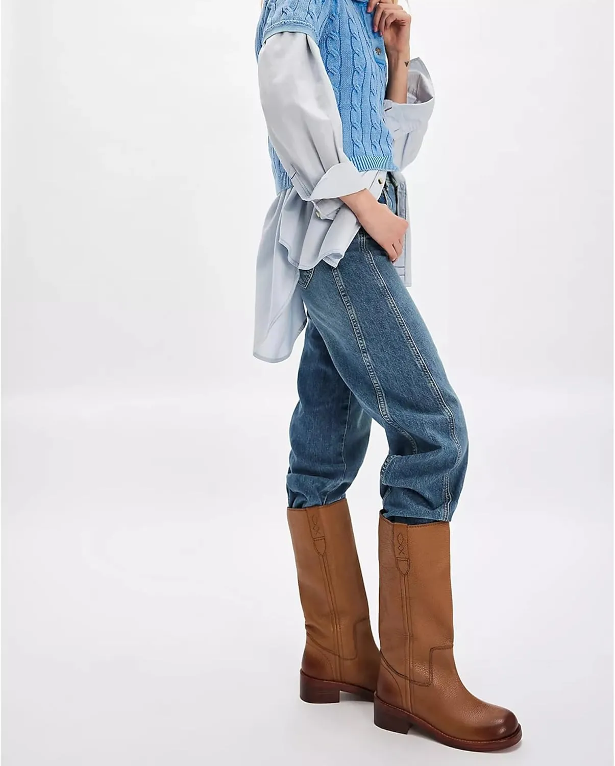 Arqa Pull on Vintage Campus-inspired Cowboy Boots for Women Squared Toe Western Knee High Boots Fashionable Stacked Low Heels Booties