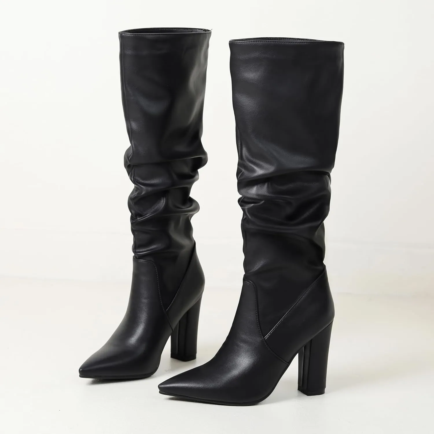 BEAUPAS Women's Slouchy Knee High Boots High Heel Pointed Toe Chunky Heel Boots Tall Gogo Boots Dress Shoes