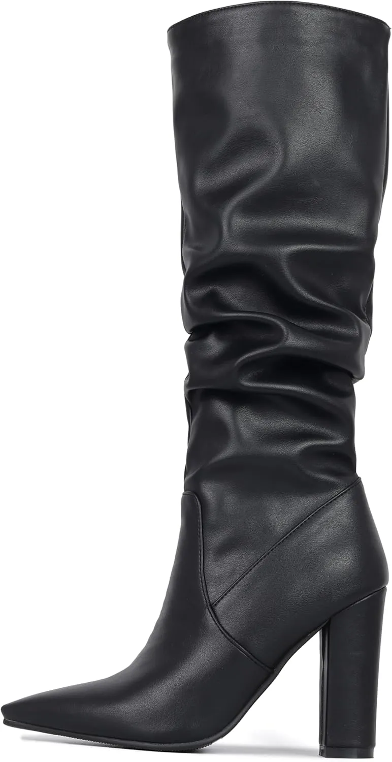 BEAUPAS Women's Slouchy Knee High Boots High Heel Pointed Toe Chunky Heel Boots Tall Gogo Boots Dress Shoes