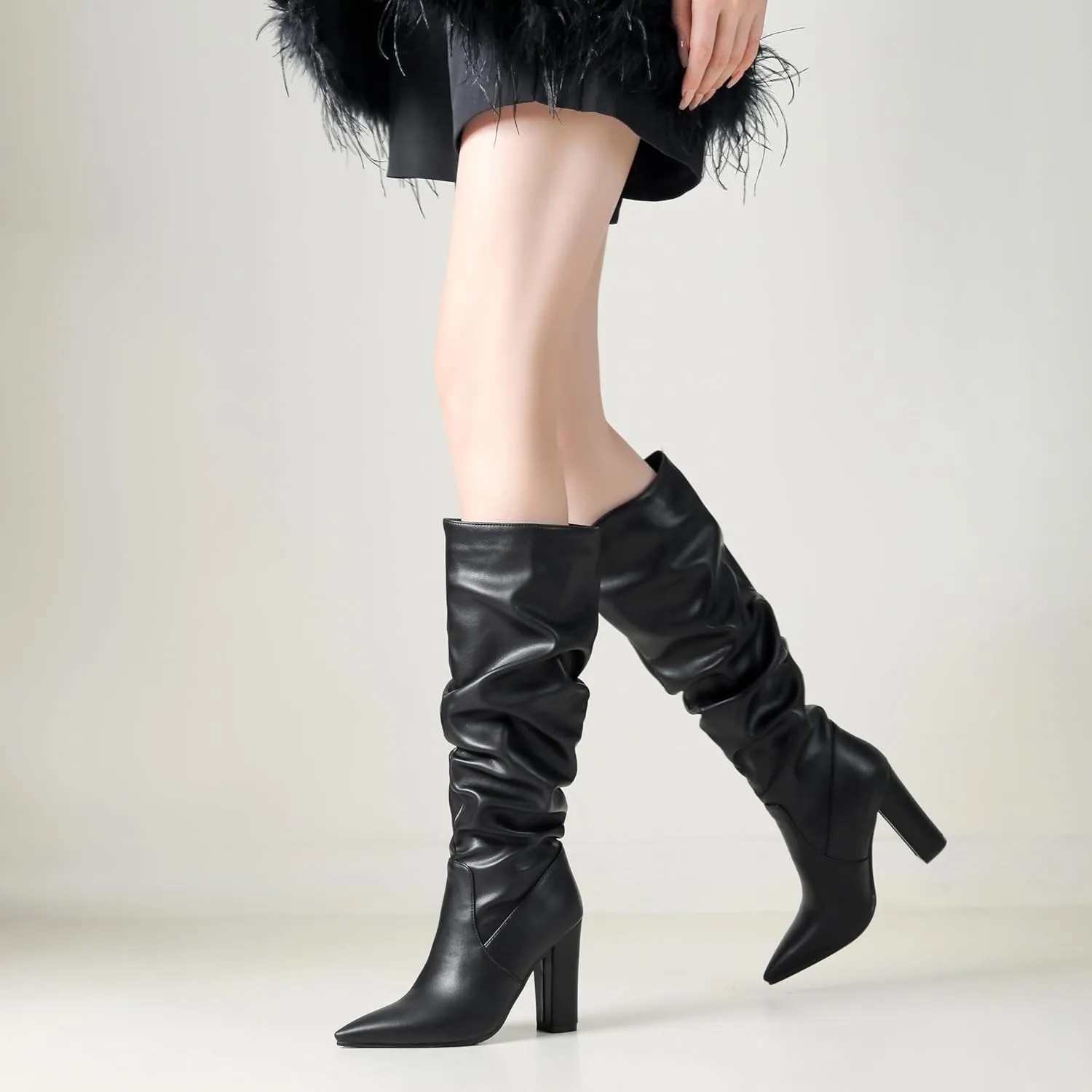 BEAUPAS Women's Slouchy Knee High Boots High Heel Pointed Toe Chunky Heel Boots Tall Gogo Boots Dress Shoes