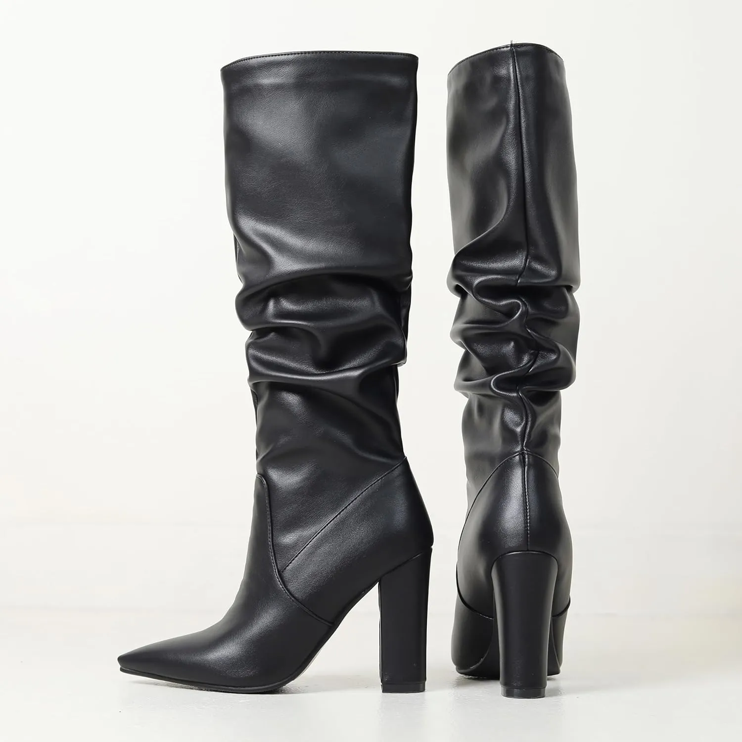 BEAUPAS Women's Slouchy Knee High Boots High Heel Pointed Toe Chunky Heel Boots Tall Gogo Boots Dress Shoes