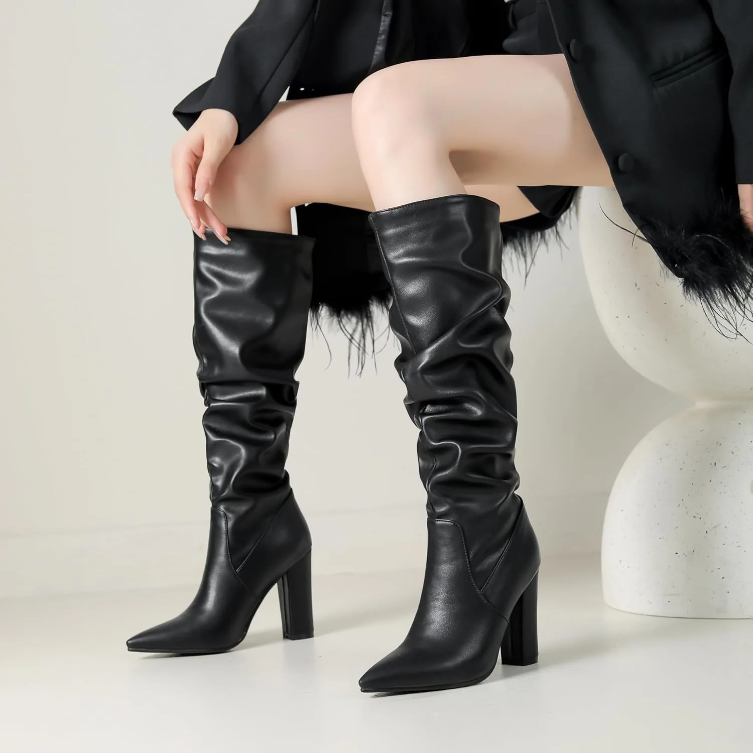 BEAUPAS Women's Slouchy Knee High Boots High Heel Pointed Toe Chunky Heel Boots Tall Gogo Boots Dress Shoes