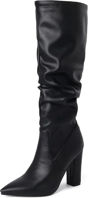 BEAUPAS Women's Slouchy Knee High Boots High Heel Pointed Toe Chunky Heel Boots Tall Gogo Boots Dress Shoes