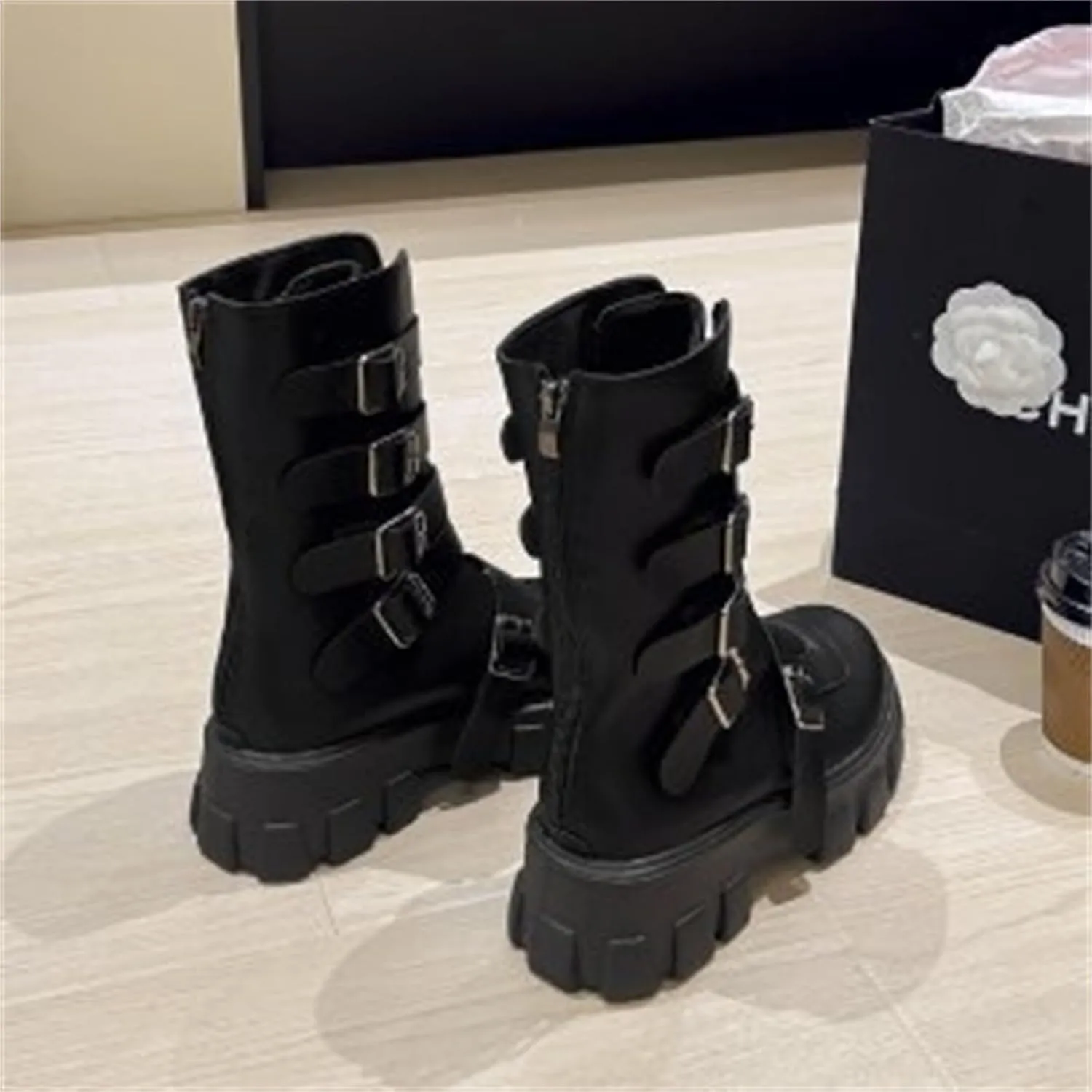 Black Platform Goth Boots for Women Studded Wide Mid Calf Combat Punk Boots Buckle Chunky Heel Thick Sole Booties