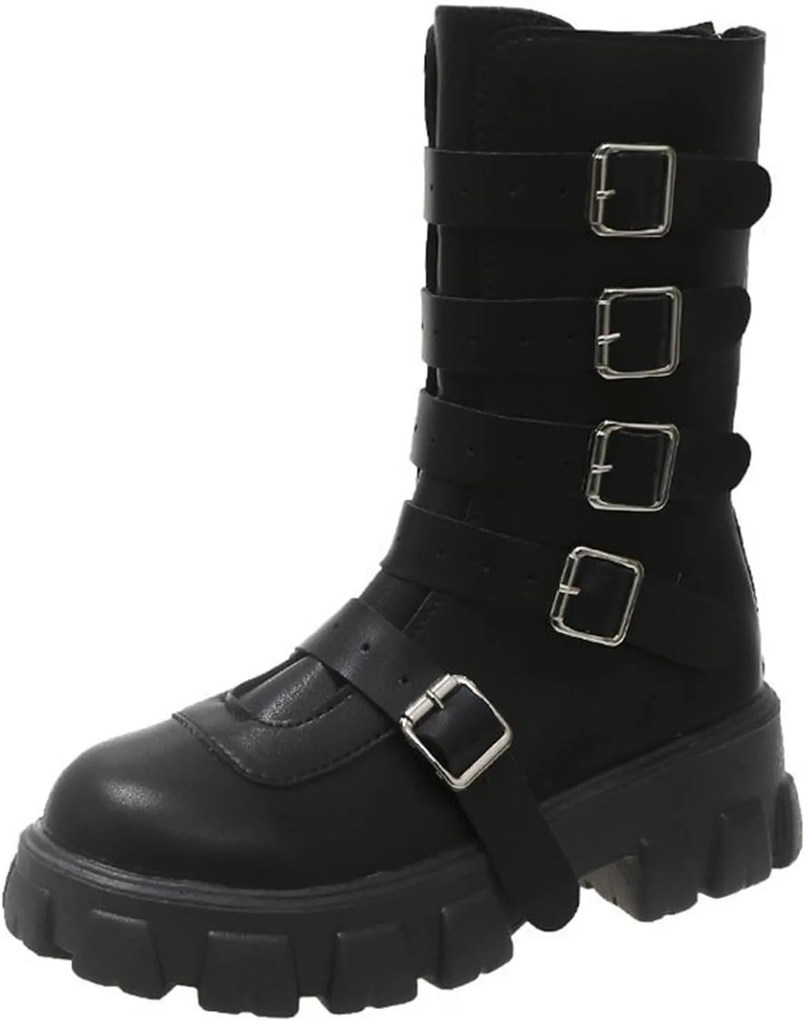 Black Platform Goth Boots for Women Studded Wide Mid Calf Combat Punk Boots Buckle Chunky Heel Thick Sole Booties