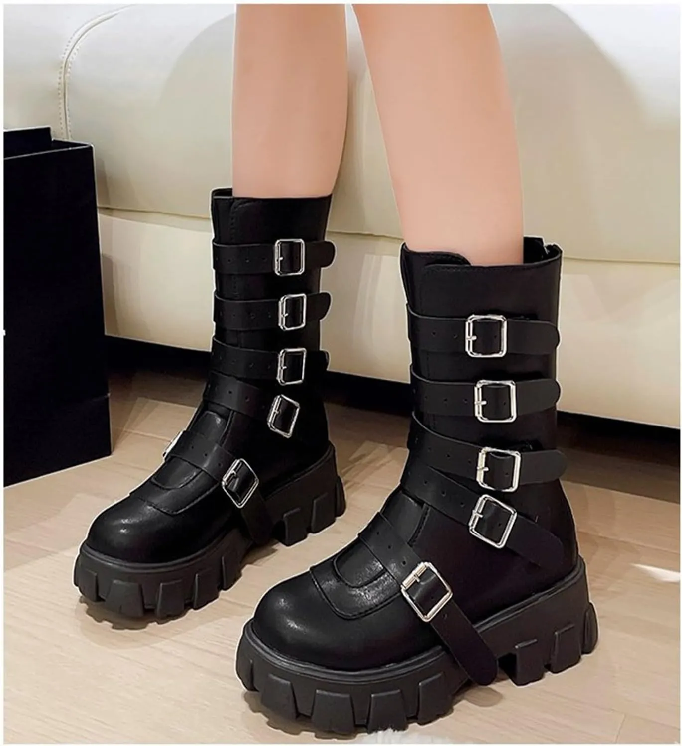 Black Platform Goth Boots for Women Studded Wide Mid Calf Combat Punk Boots Buckle Chunky Heel Thick Sole Booties