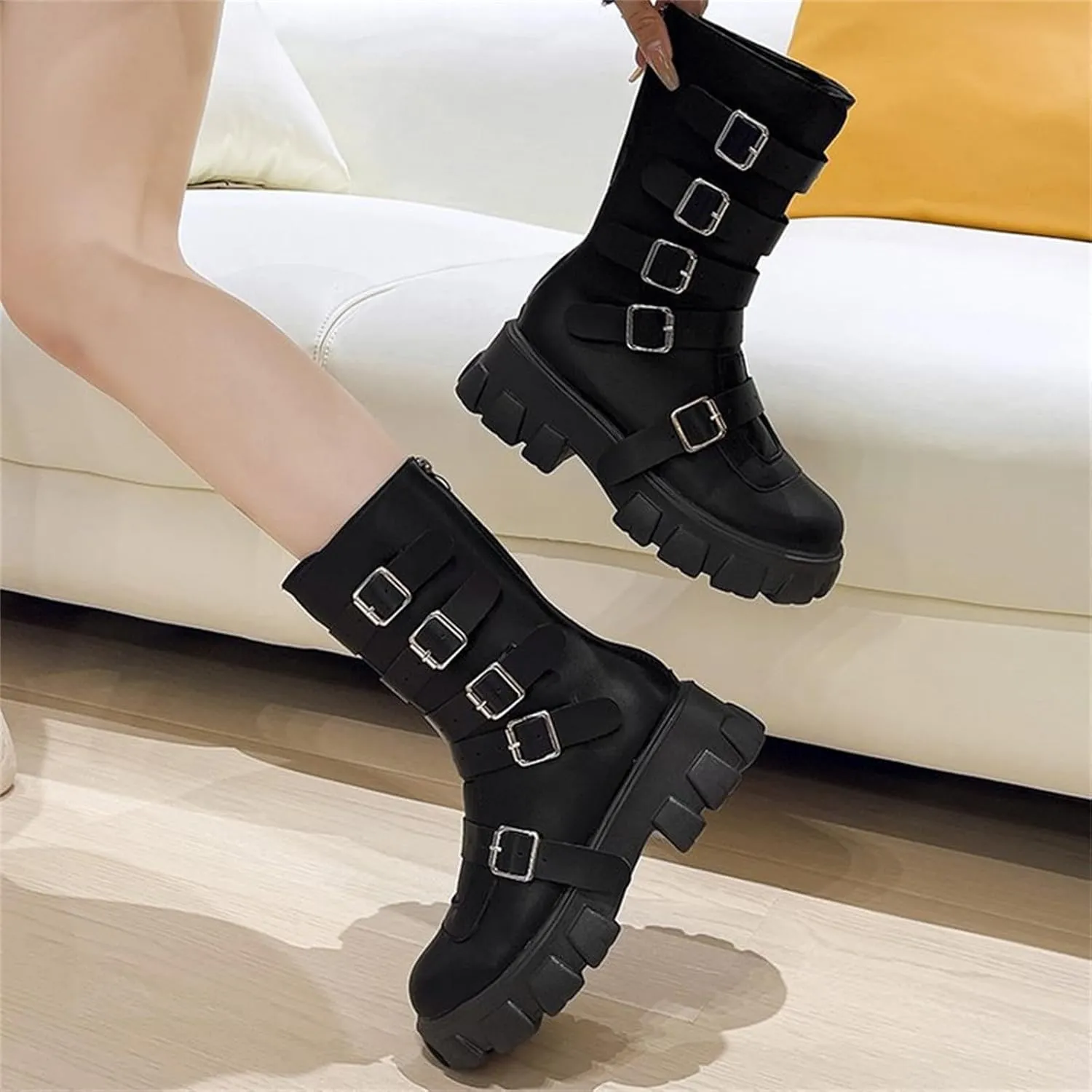 Black Platform Goth Boots for Women Studded Wide Mid Calf Combat Punk Boots Buckle Chunky Heel Thick Sole Booties