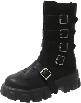 Black Platform Goth Boots for Women Studded Wide Mid Calf Combat Punk Boots Buckle Chunky Heel Thick Sole Booties