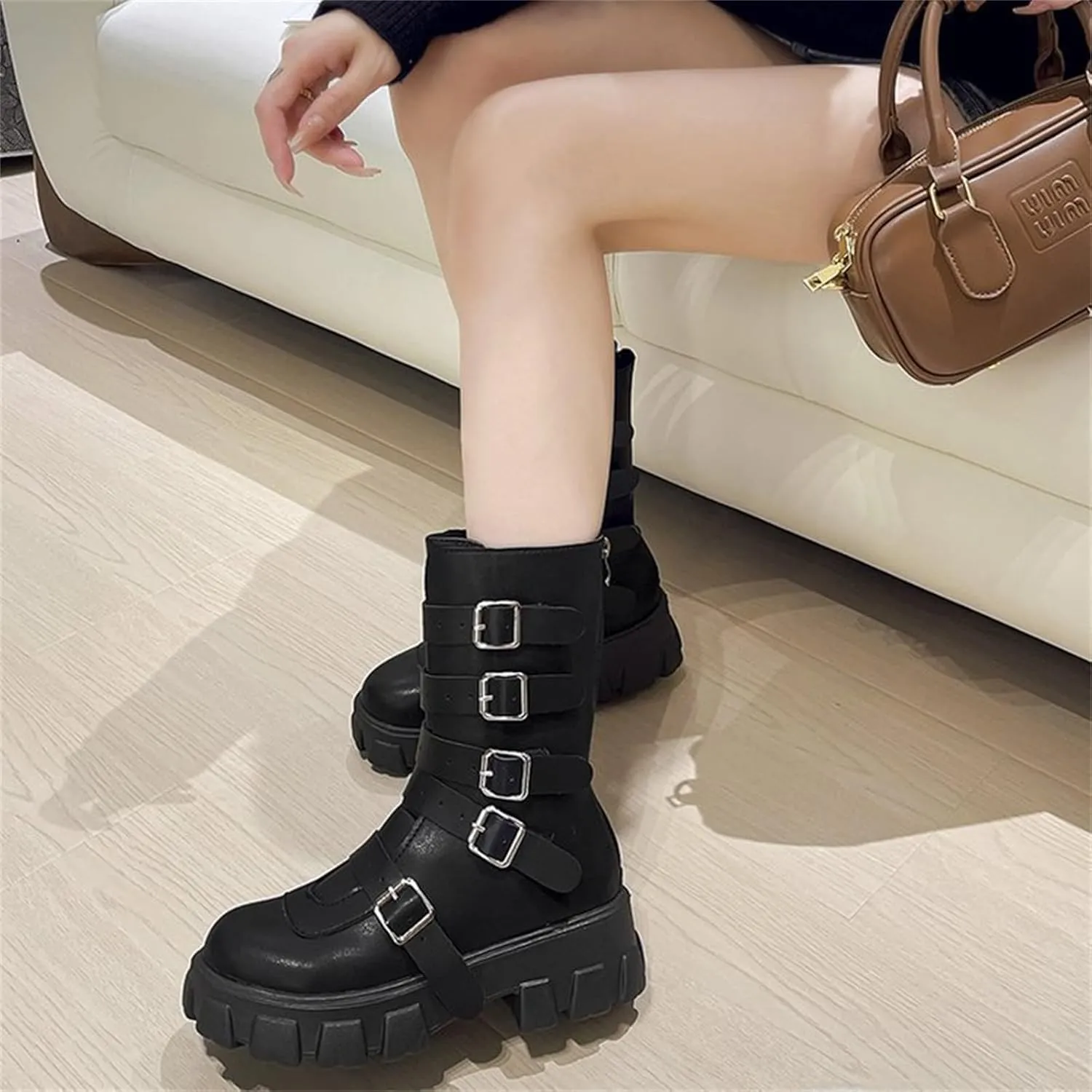 Black Platform Goth Boots for Women Studded Wide Mid Calf Combat Punk Boots Buckle Chunky Heel Thick Sole Booties