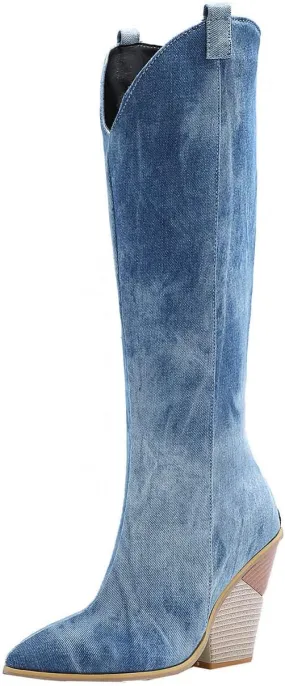 Chunky Heel Boots for Women - Fashion Snake Print Pointed Toe Back Zipper Thick High Heel Knee High Boots Comfortable Casual High Top shoes