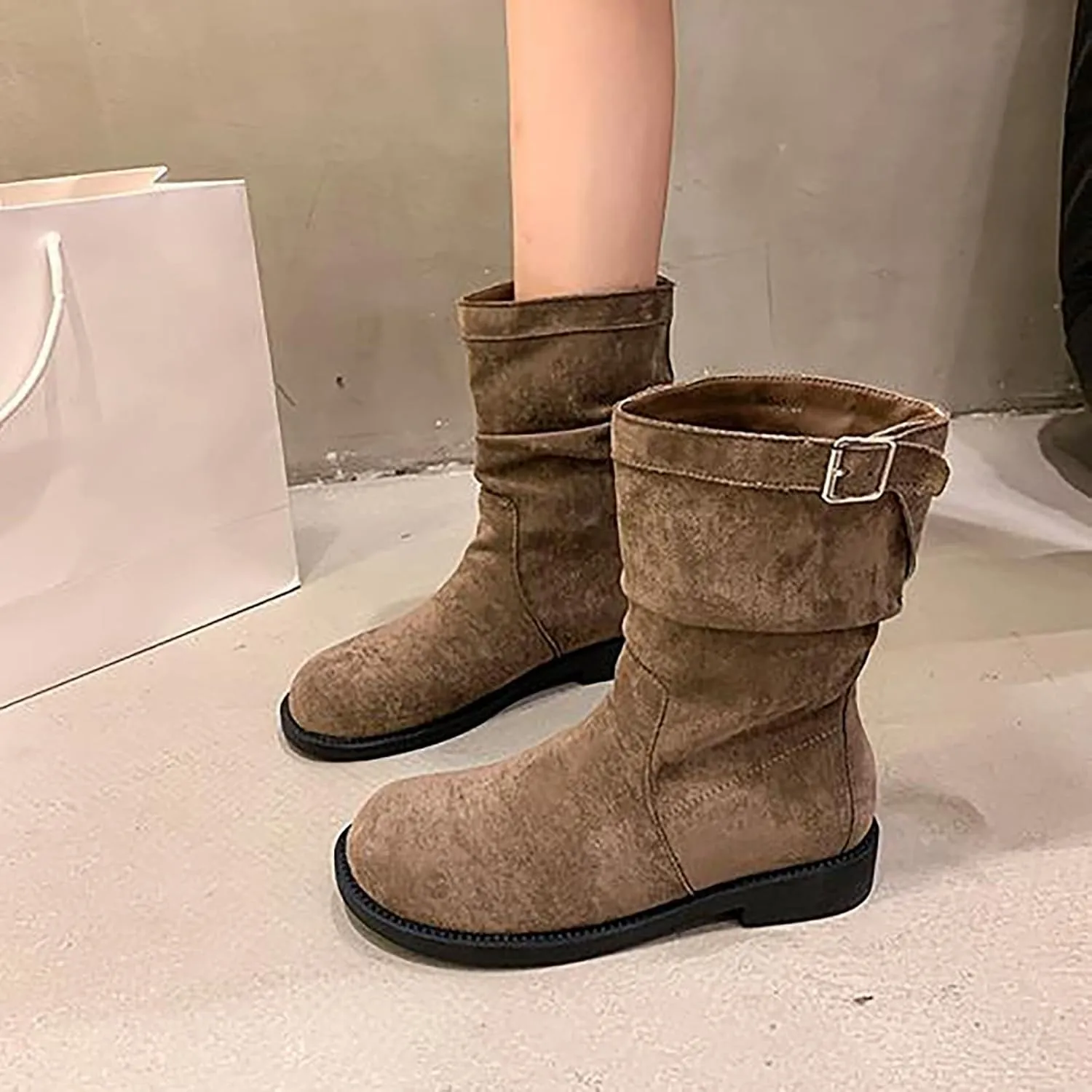 Chunky Platform Boots for Women Square Toe Shoes Zipper Low Heel Wide Calf Booties Combat Wedge Winter Ankle Boots