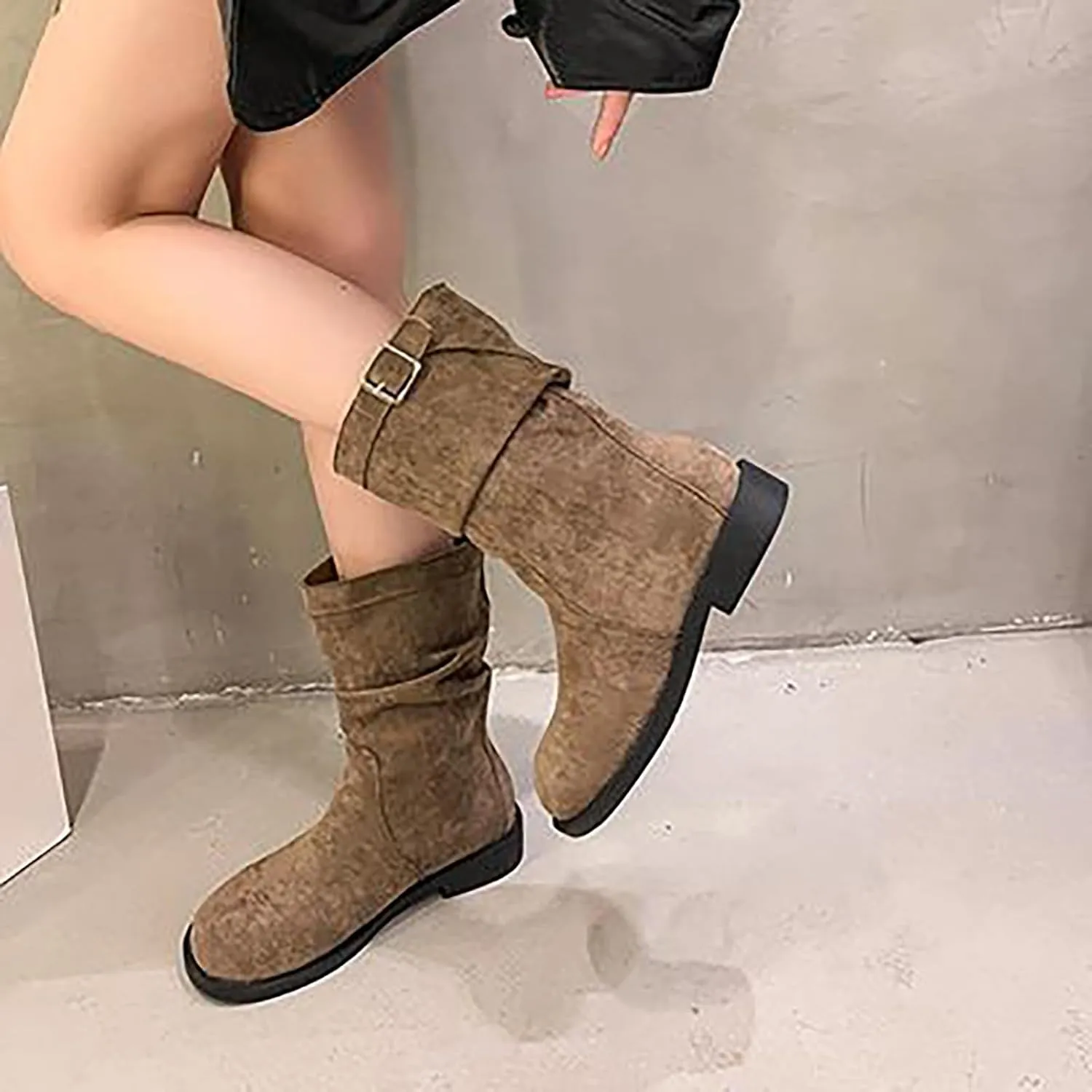 Chunky Platform Boots for Women Square Toe Shoes Zipper Low Heel Wide Calf Booties Combat Wedge Winter Ankle Boots