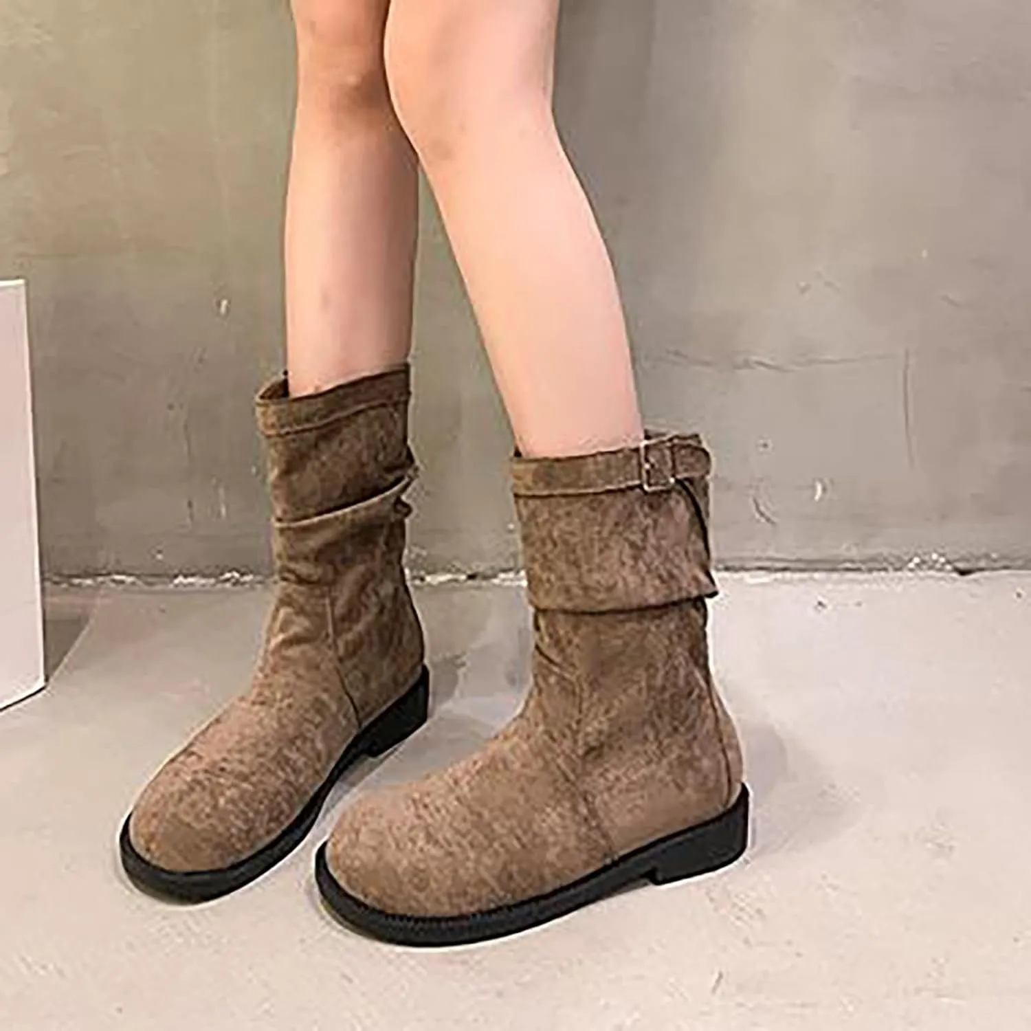 Chunky Platform Boots for Women Square Toe Shoes Zipper Low Heel Wide Calf Booties Combat Wedge Winter Ankle Boots
