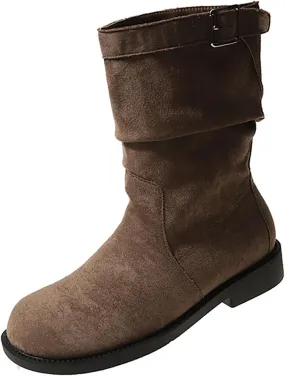 Chunky Platform Boots for Women Square Toe Shoes Zipper Low Heel Wide Calf Booties Combat Wedge Winter Ankle Boots