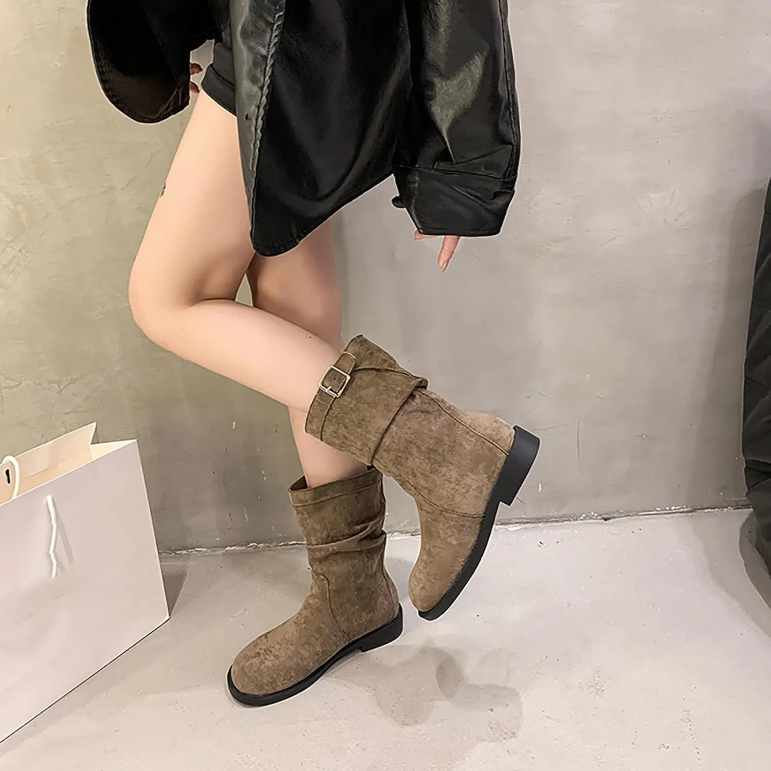 Chunky Platform Boots for Women Square Toe Shoes Zipper Low Heel Wide Calf Booties Combat Wedge Winter Ankle Boots