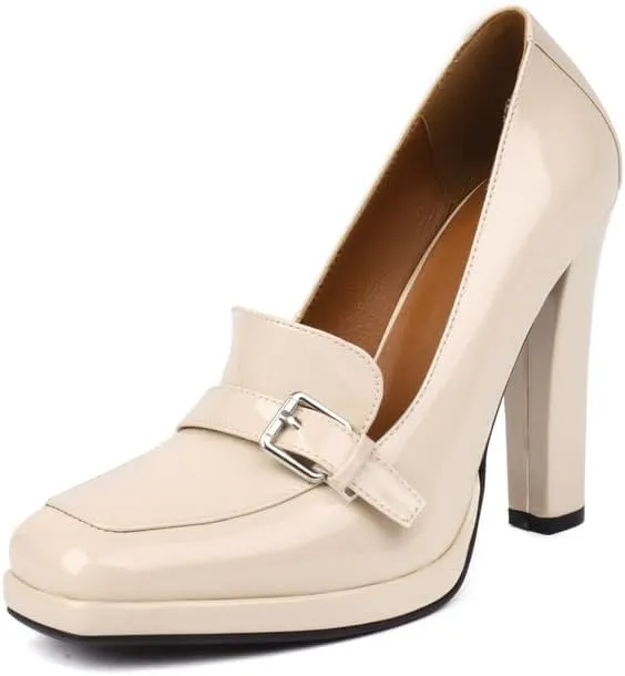 Elbslutt Womens Platform Heels Loafers Chunky Patent Leather High Heel Closed Square Toe Slip On Pumps Oxford Penny Loafers Shoes Buckle Dressy Fashionable Business Casual Shoes