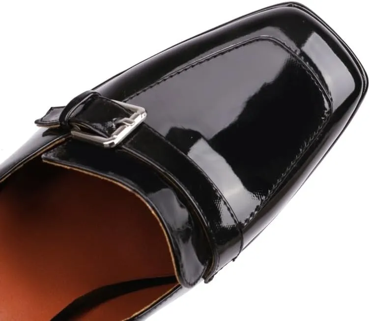 Elbslutt Womens Platform Heels Loafers Chunky Patent Leather High Heel Closed Square Toe Slip On Pumps Oxford Penny Loafers Shoes Buckle Dressy Fashionable Business Casual Shoes
