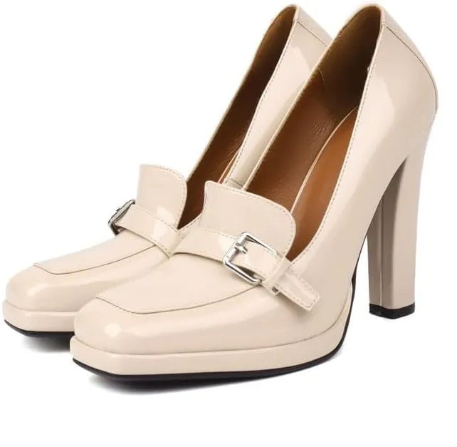 Elbslutt Womens Platform Heels Loafers Chunky Patent Leather High Heel Closed Square Toe Slip On Pumps Oxford Penny Loafers Shoes Buckle Dressy Fashionable Business Casual Shoes