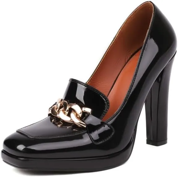 Elbslutt Womens Platform Heels Loafers Chunky Patent Leather High Heel Closed Square Toe Slip On Pumps Oxford Penny Loafers Shoes Chain Dressy Fashionable Business Casual Shoes