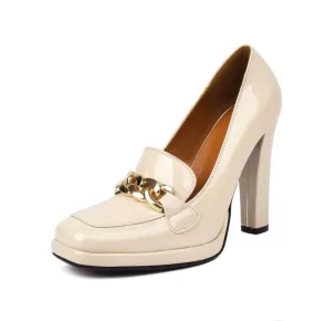 Elbslutt Womens Platform Heels Loafers Chunky Patent Leather High Heel Closed Square Toe Slip On Pumps Oxford Penny Loafers Shoes Chain Dressy Fashionable Business Casual Shoes