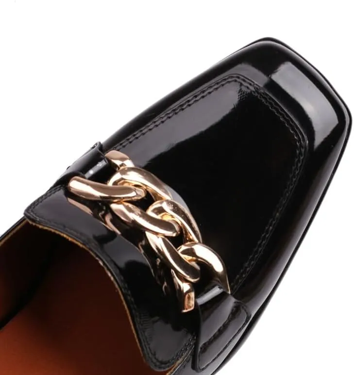 Elbslutt Womens Platform Heels Loafers Chunky Patent Leather High Heel Closed Square Toe Slip On Pumps Oxford Penny Loafers Shoes Chain Dressy Fashionable Business Casual Shoes
