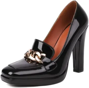 Elbslutt Womens Platform Heels Loafers Chunky Patent Leather High Heel Closed Square Toe Slip On Pumps Oxford Penny Loafers Shoes Chain Dressy Fashionable Business Casual Shoes