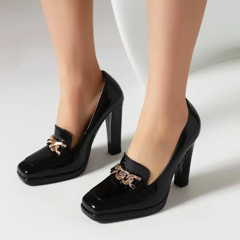 Elbslutt Womens Platform Heels Loafers Chunky Patent Leather High Heel Closed Square Toe Slip On Pumps Oxford Penny Loafers Shoes Chain Dressy Fashionable Business Casual Shoes