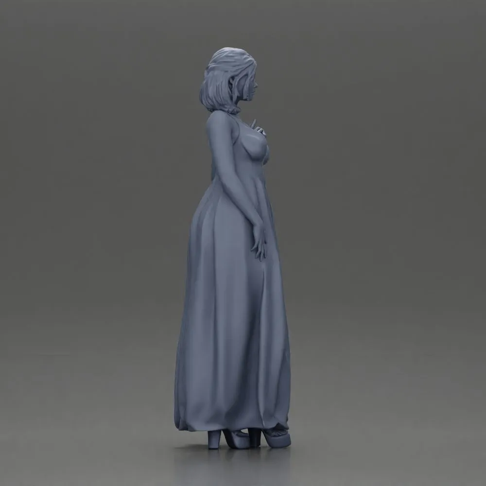 fashionable girl standing and posing in a robe and heels