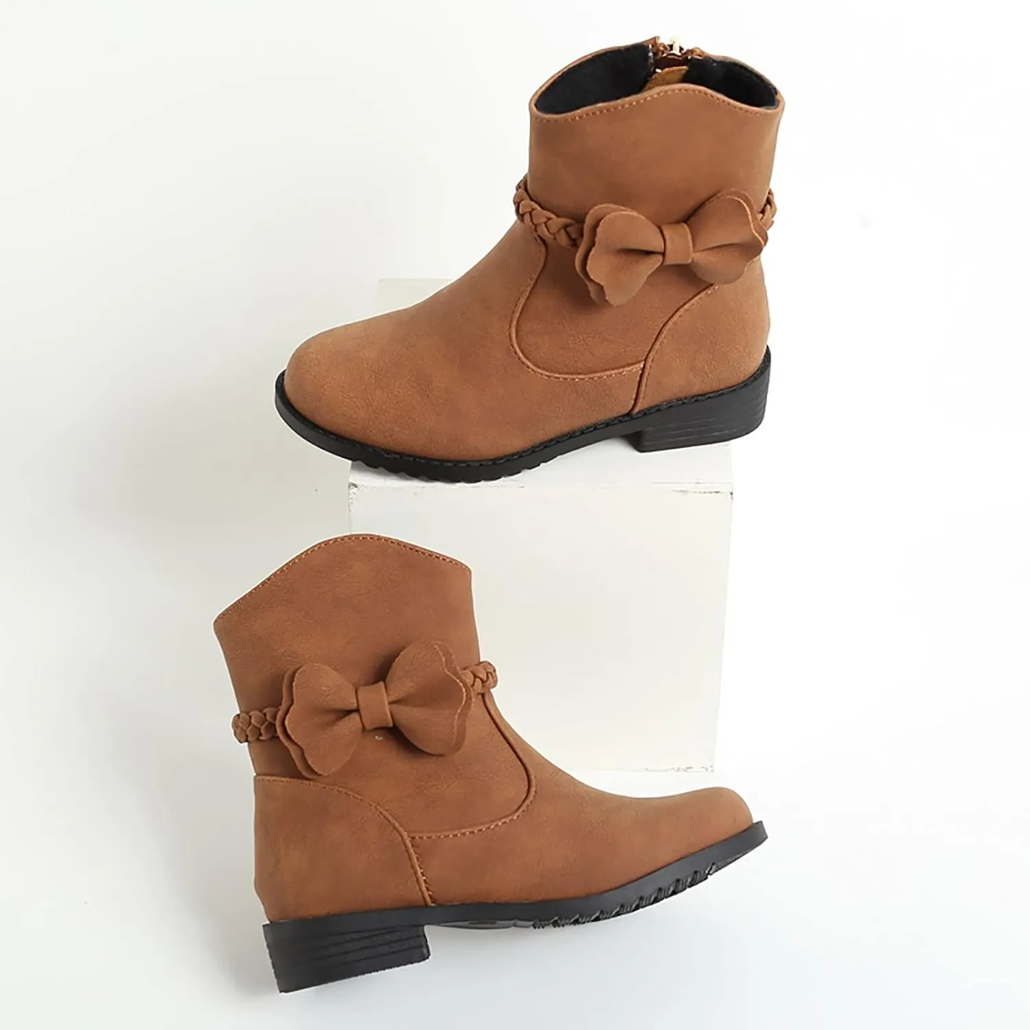 Girls Bow Decor Side Zip Western Boots Kids Ankle Boots Girls Low Heel Riding Booties with Zipper Girls Dress Booties (Brown, 11.5-12 Years)
