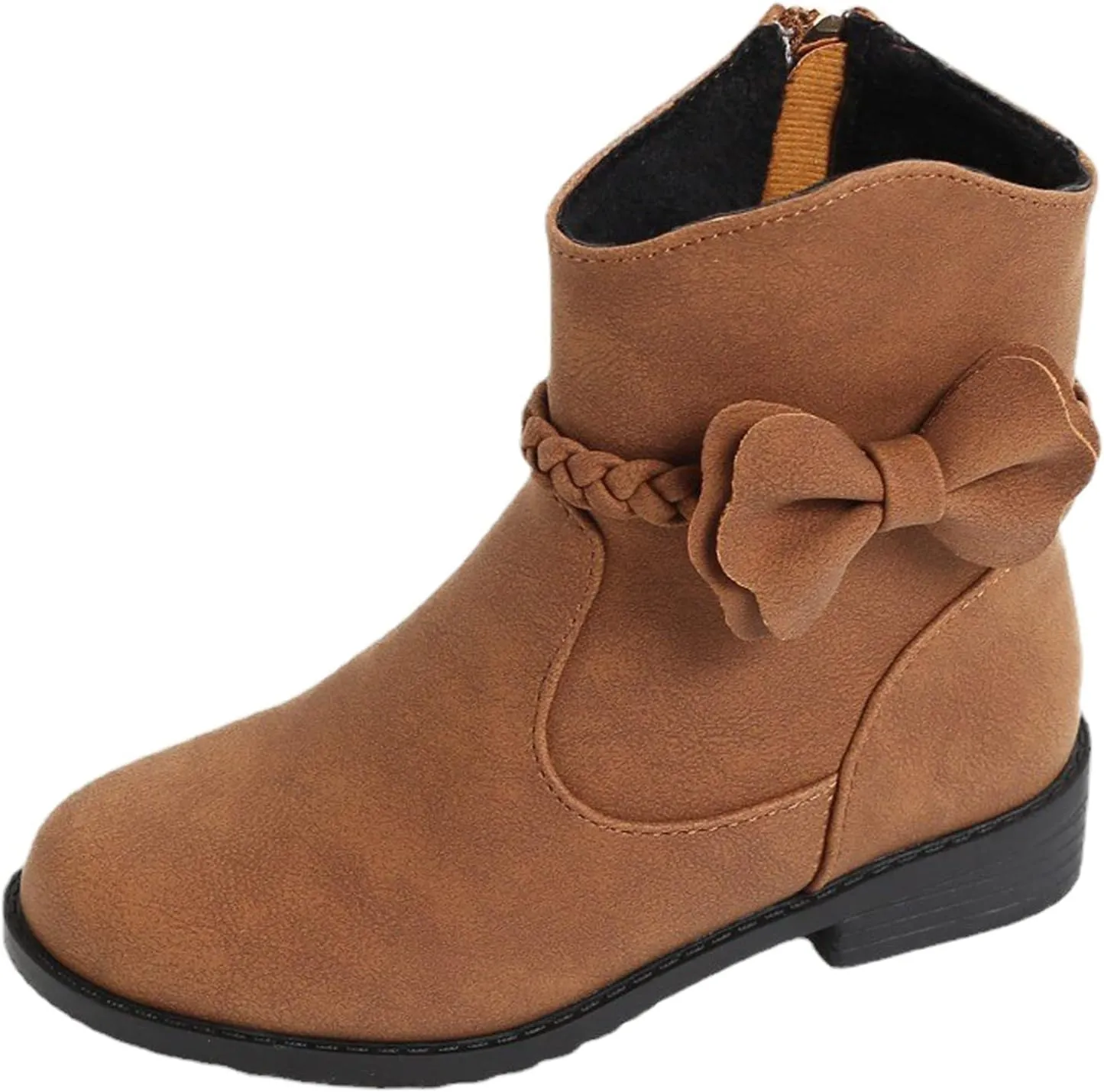 Girls Bow Decor Side Zip Western Boots Kids Ankle Boots Girls Low Heel Riding Booties with Zipper Girls Dress Booties (Brown, 11.5-12 Years)