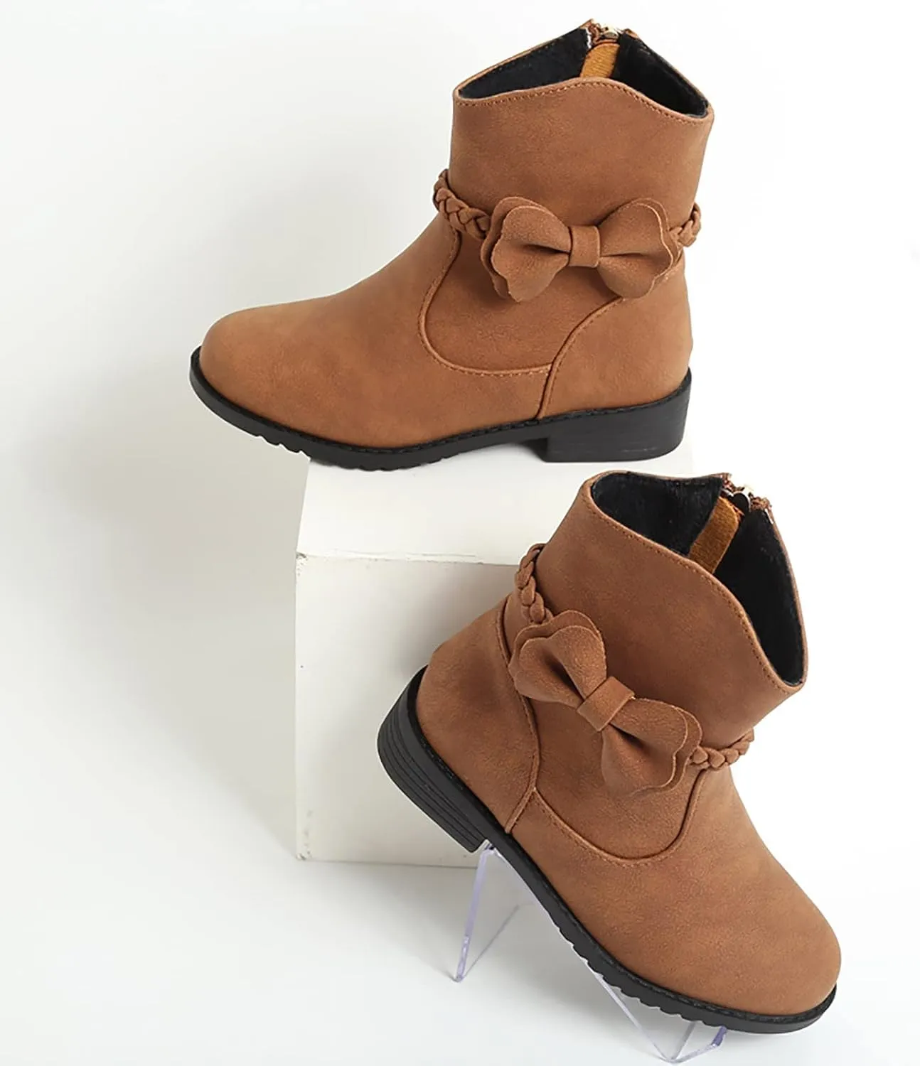 Girls Bow Decor Side Zip Western Boots Kids Ankle Boots Girls Low Heel Riding Booties with Zipper Girls Dress Booties (Brown, 11.5-12 Years)