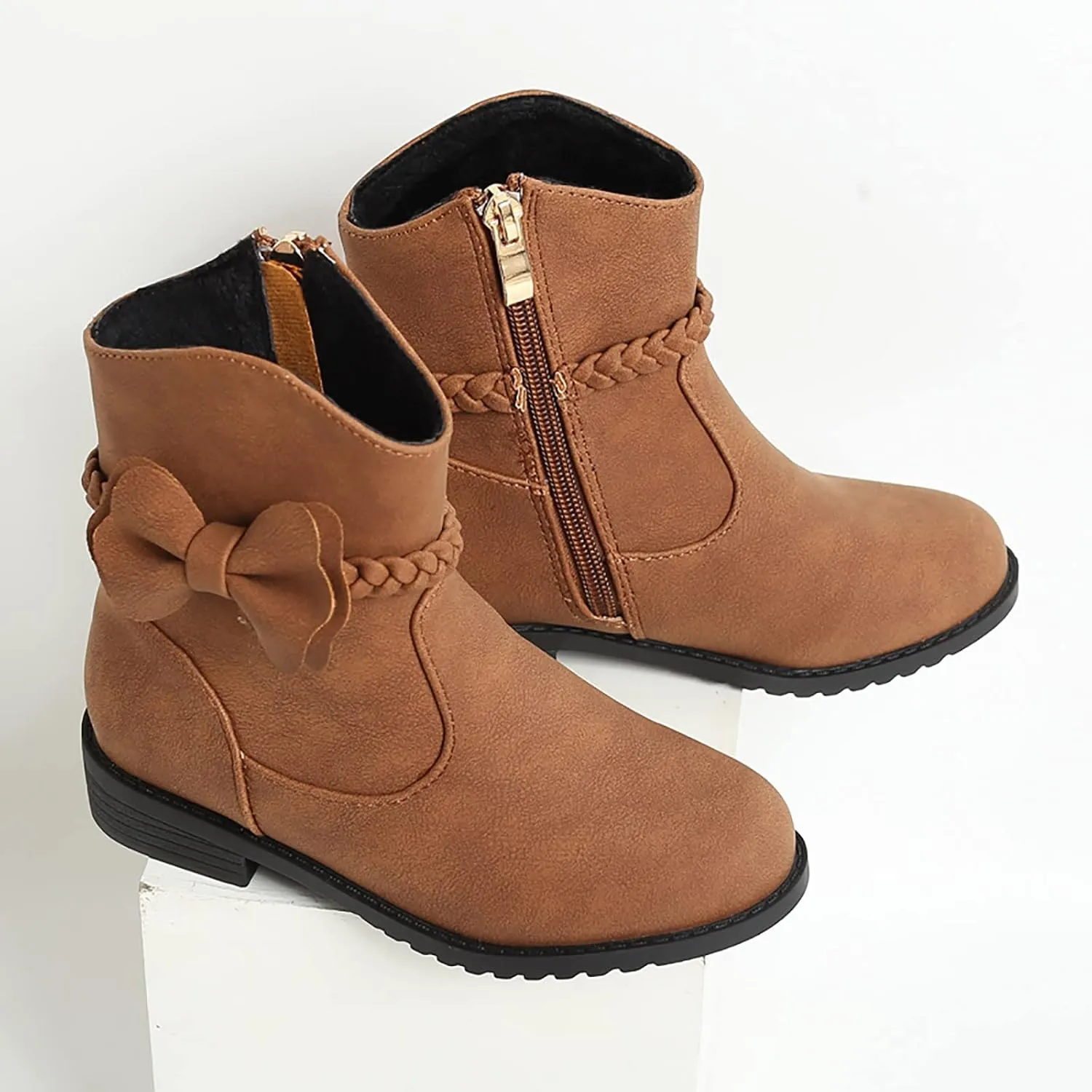 Girls Bow Decor Side Zip Western Boots Kids Ankle Boots Girls Low Heel Riding Booties with Zipper Girls Dress Booties (Brown, 11.5-12 Years)