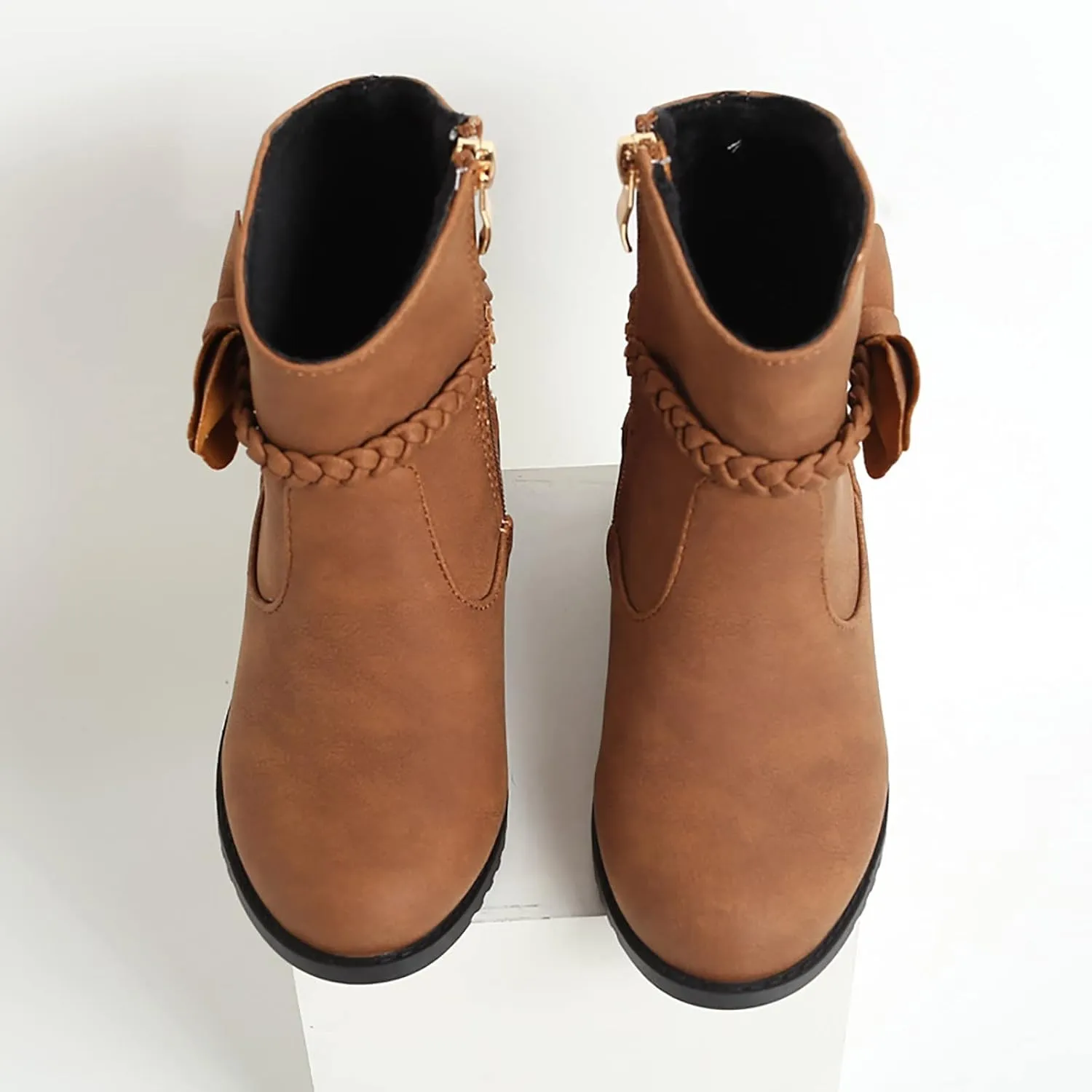 Girls Bow Decor Side Zip Western Boots Kids Ankle Boots Girls Low Heel Riding Booties with Zipper Girls Dress Booties (Brown, 11.5-12 Years)