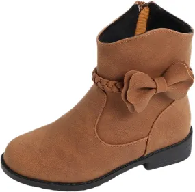 Girls Bow Decor Side Zip Western Boots Kids Ankle Boots Girls Low Heel Riding Booties with Zipper Girls Dress Booties (Brown, 11.5-12 Years)