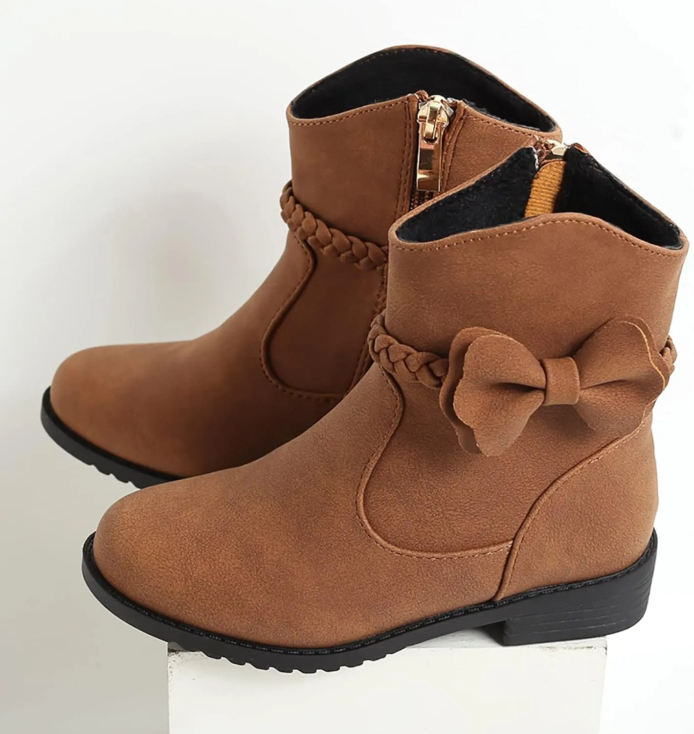 Girls Bow Decor Side Zip Western Boots Kids Ankle Boots Girls Low Heel Riding Booties with Zipper Girls Dress Booties (Brown, 11.5-12 Years)