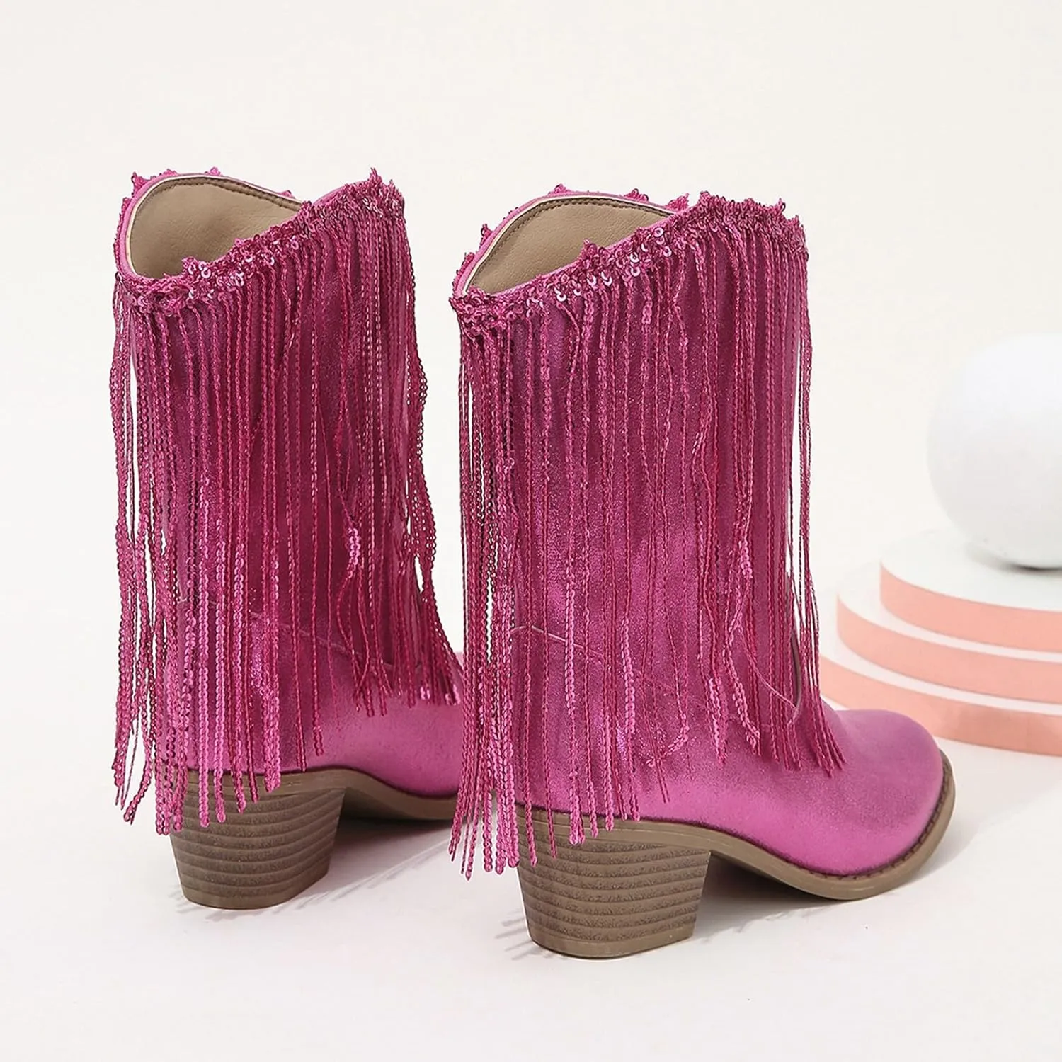Girls Cowboy Boots Casual Leather Girl Western Boots High Calf High Heels Boots Waterproof Comfortable Ankle Boots