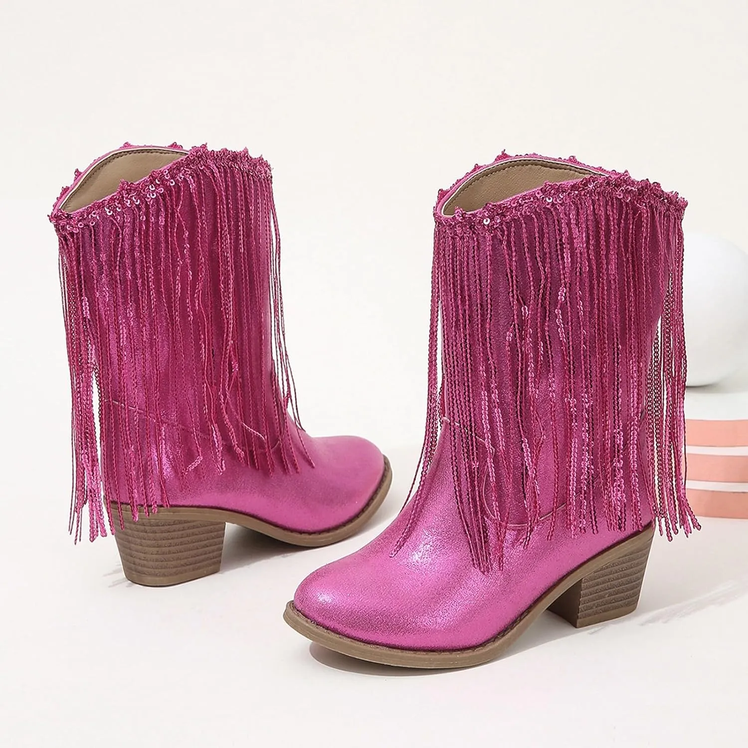 Girls Cowboy Boots Casual Leather Girl Western Boots High Calf High Heels Boots Waterproof Comfortable Ankle Boots