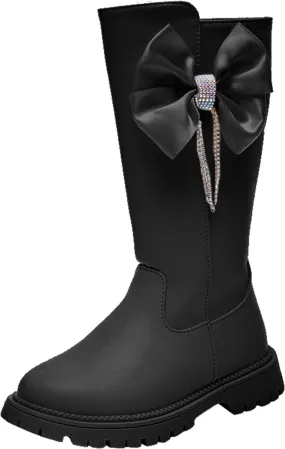 Girls Mid Calf Boots Kids Side Zipper Chunky Bottom Low Heels Thermal Warmth High Boots with Bowknot for Fall Winter