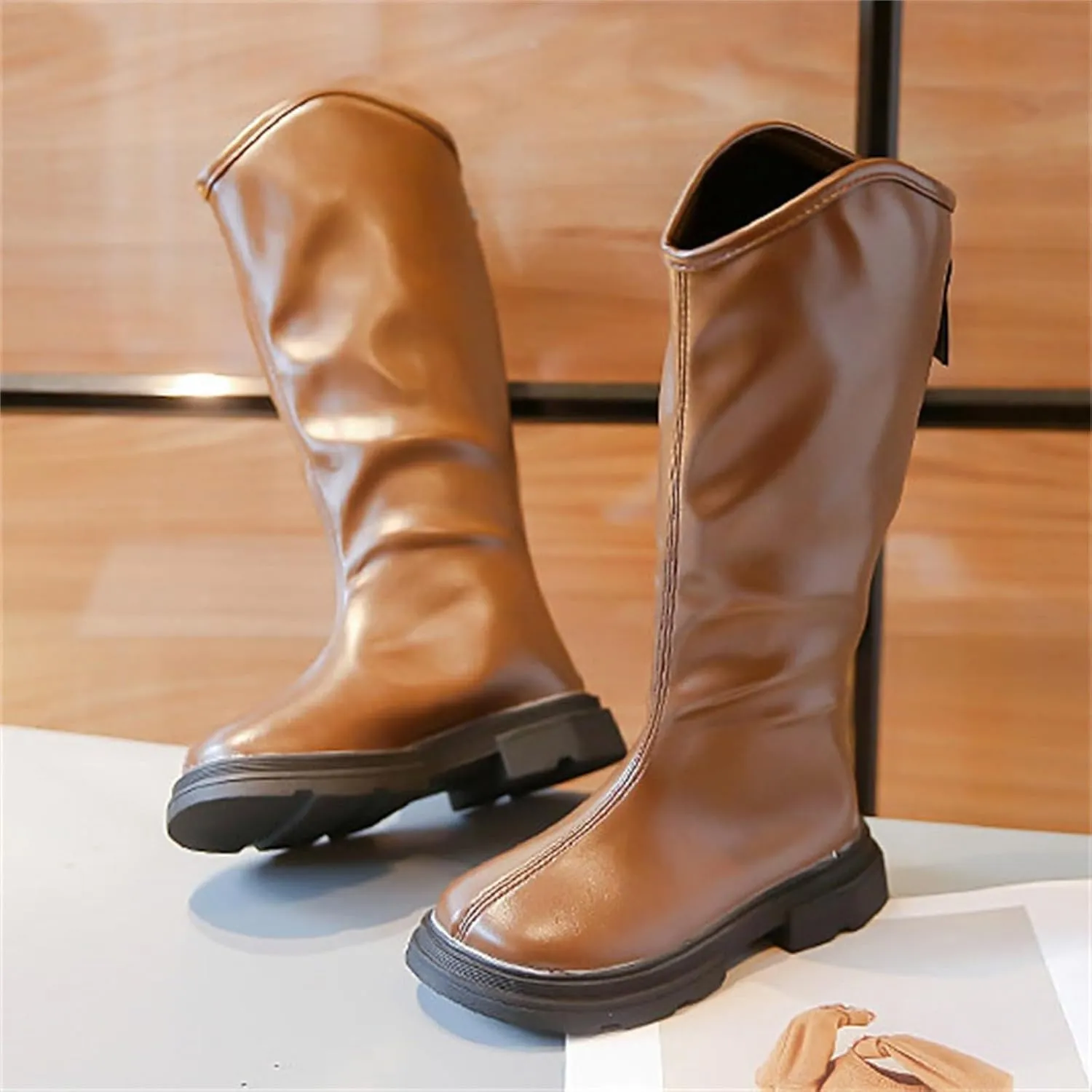 Girls Platform Mid Calf Boots Mid Calf Boots Low Heel Chunky Platform Lug Sole Zipper Non Slip Boots for Dress Up
