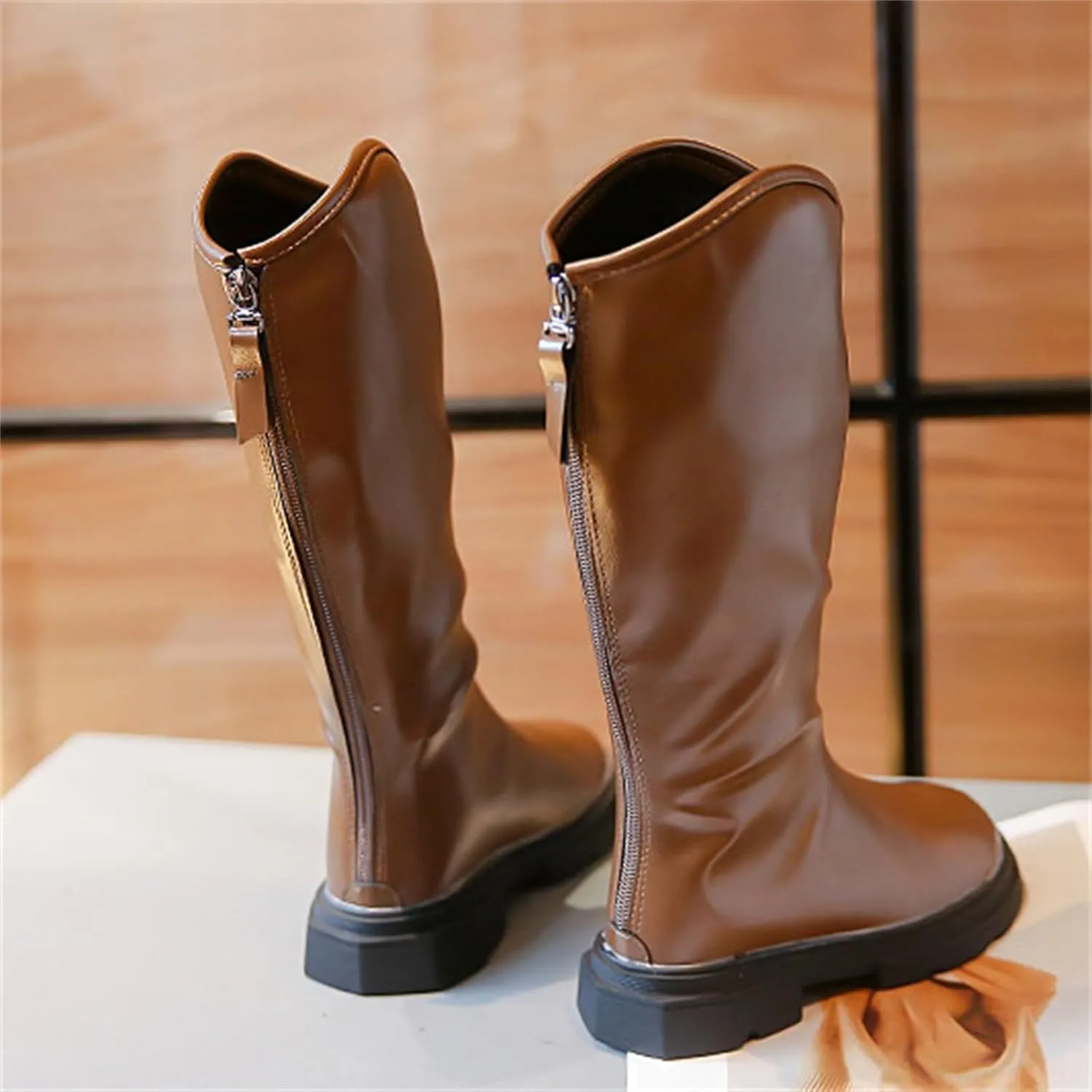 Girls Platform Mid Calf Boots Mid Calf Boots Low Heel Chunky Platform Lug Sole Zipper Non Slip Boots for Dress Up