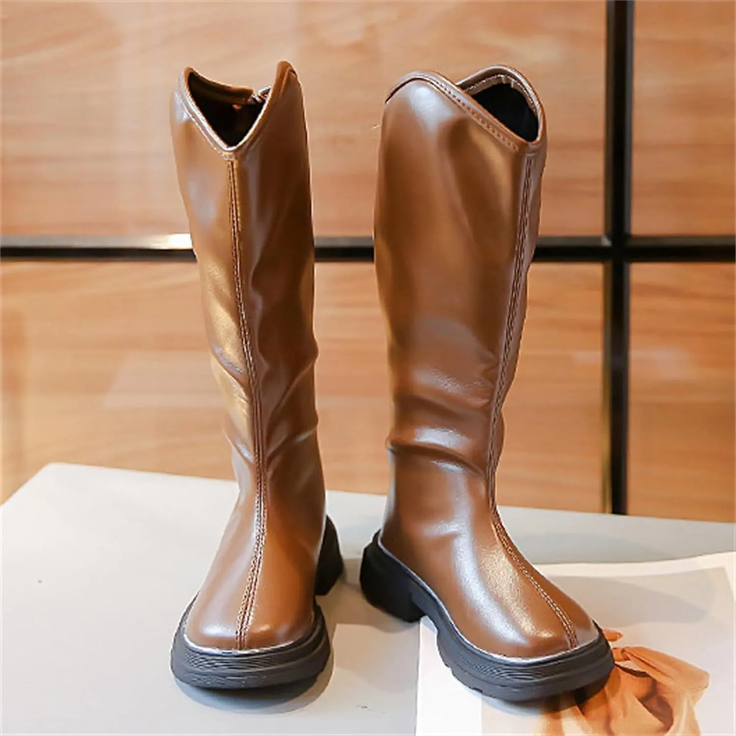 Girls Platform Mid Calf Boots Mid Calf Boots Low Heel Chunky Platform Lug Sole Zipper Non Slip Boots for Dress Up