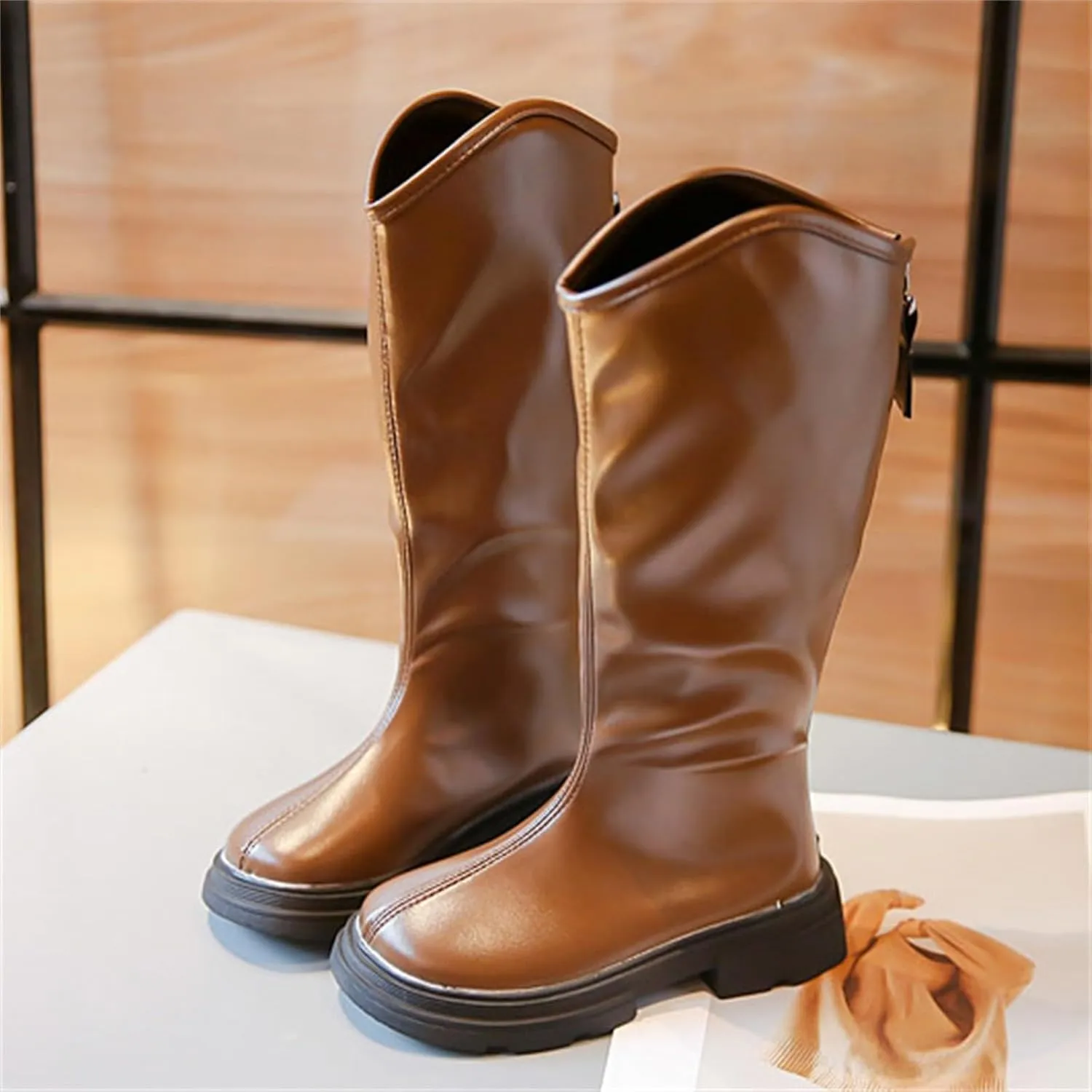 Girls Platform Mid Calf Boots Mid Calf Boots Low Heel Chunky Platform Lug Sole Zipper Non Slip Boots for Dress Up