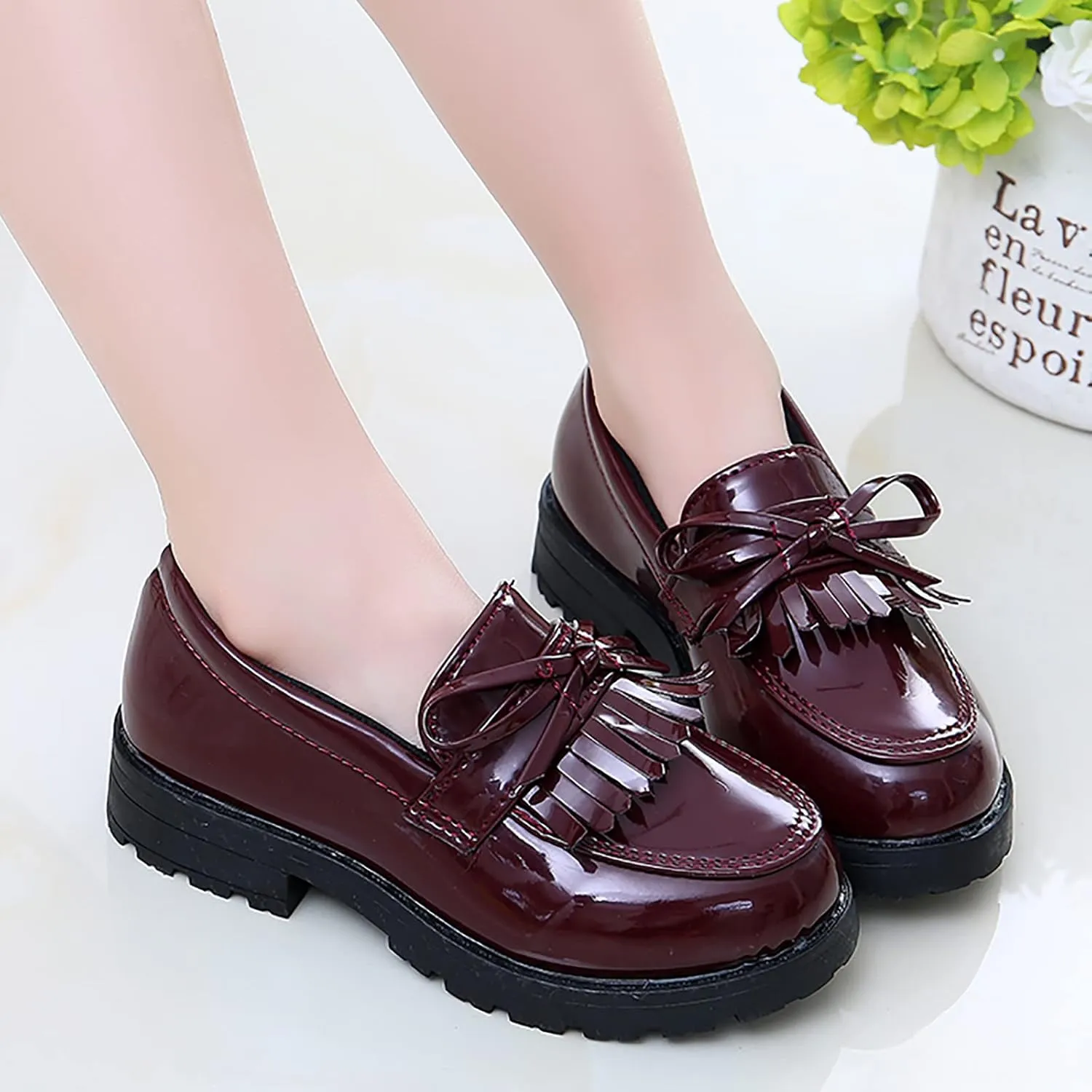 Girls Slip On Leather Loafer Shoes Kids Toddler Baby Tassel Bow School Dress Up Shoes