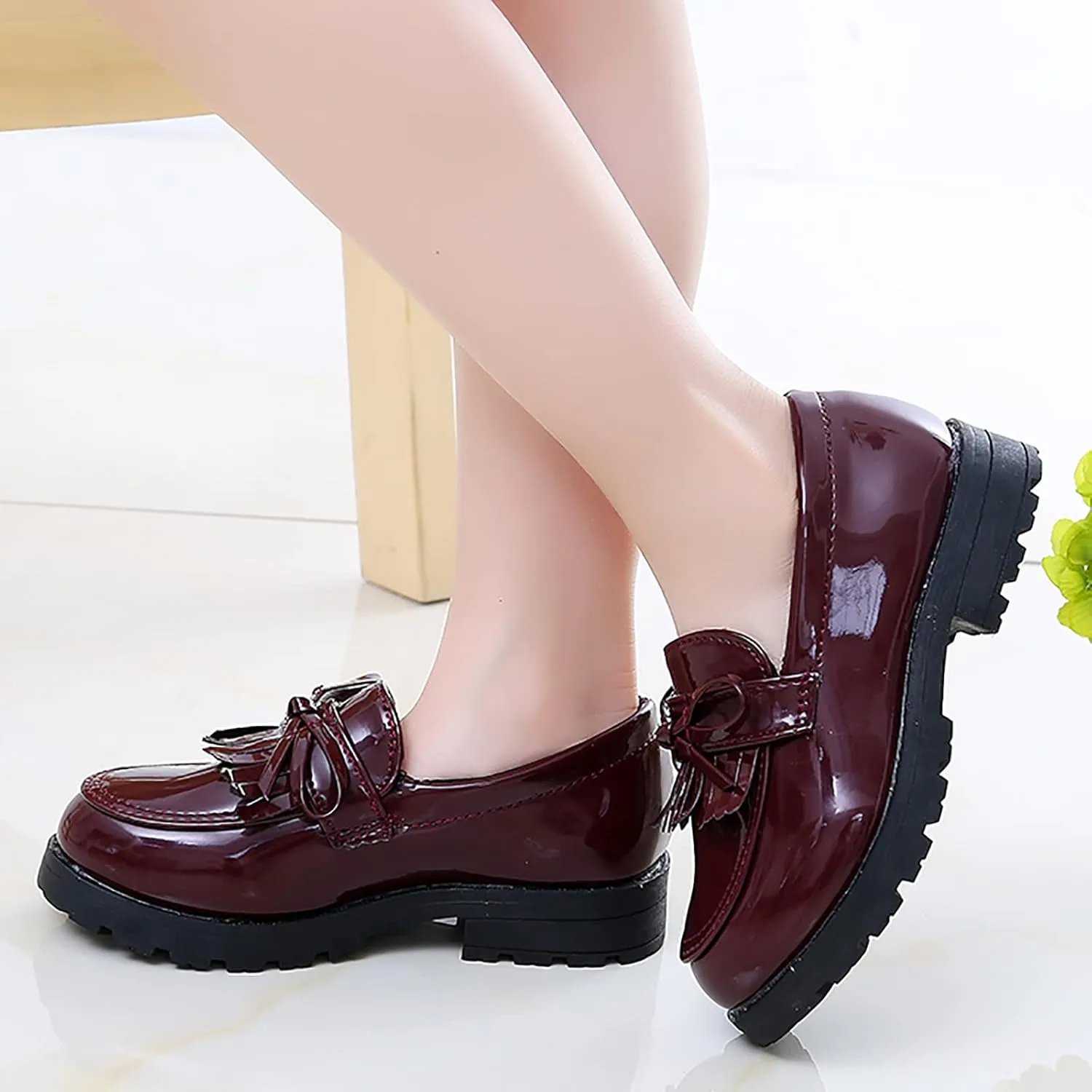 Girls Slip On Leather Loafer Shoes Kids Toddler Baby Tassel Bow School Dress Up Shoes