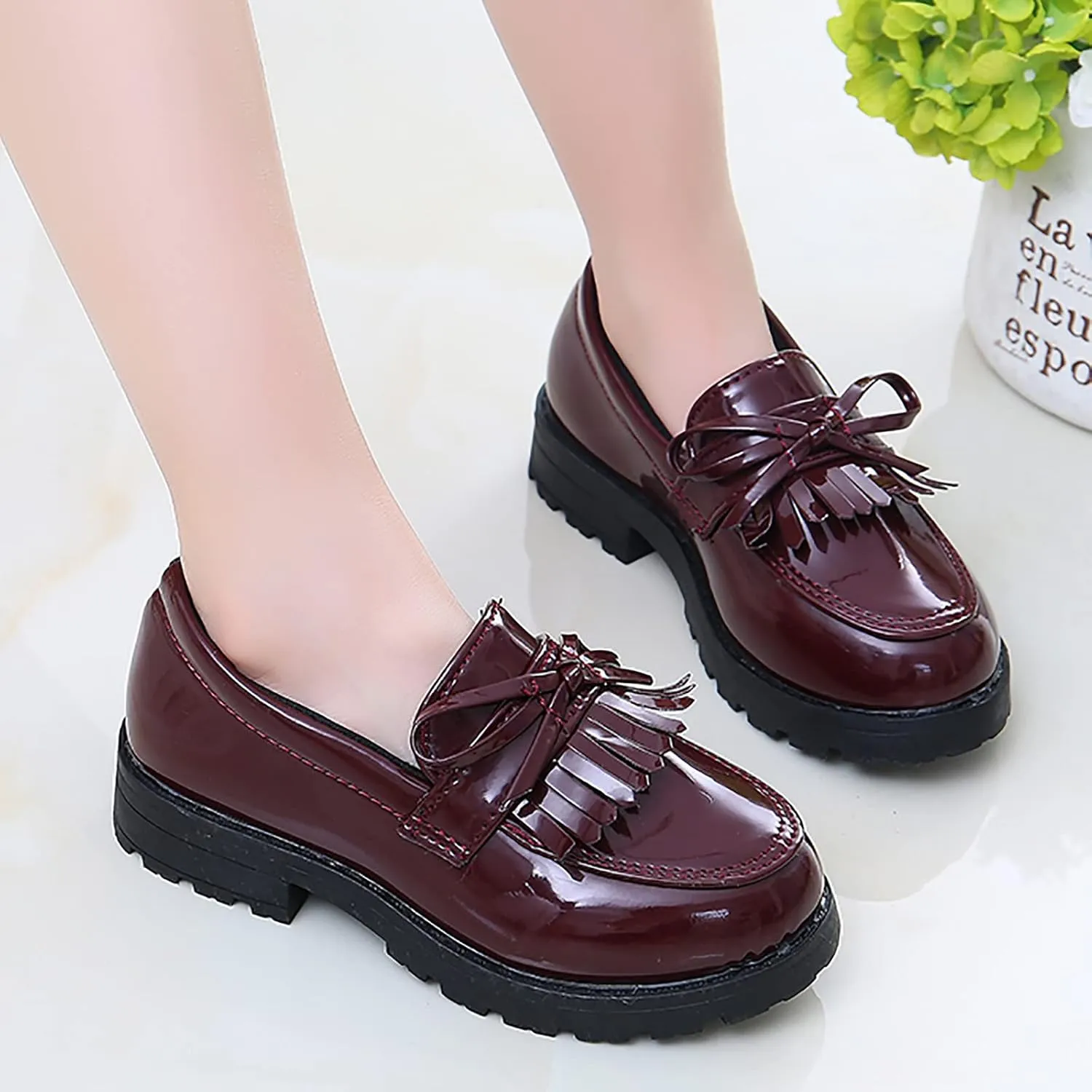 Girls Slip On Leather Loafer Shoes Kids Toddler Baby Tassel Bow School Dress Up Shoes