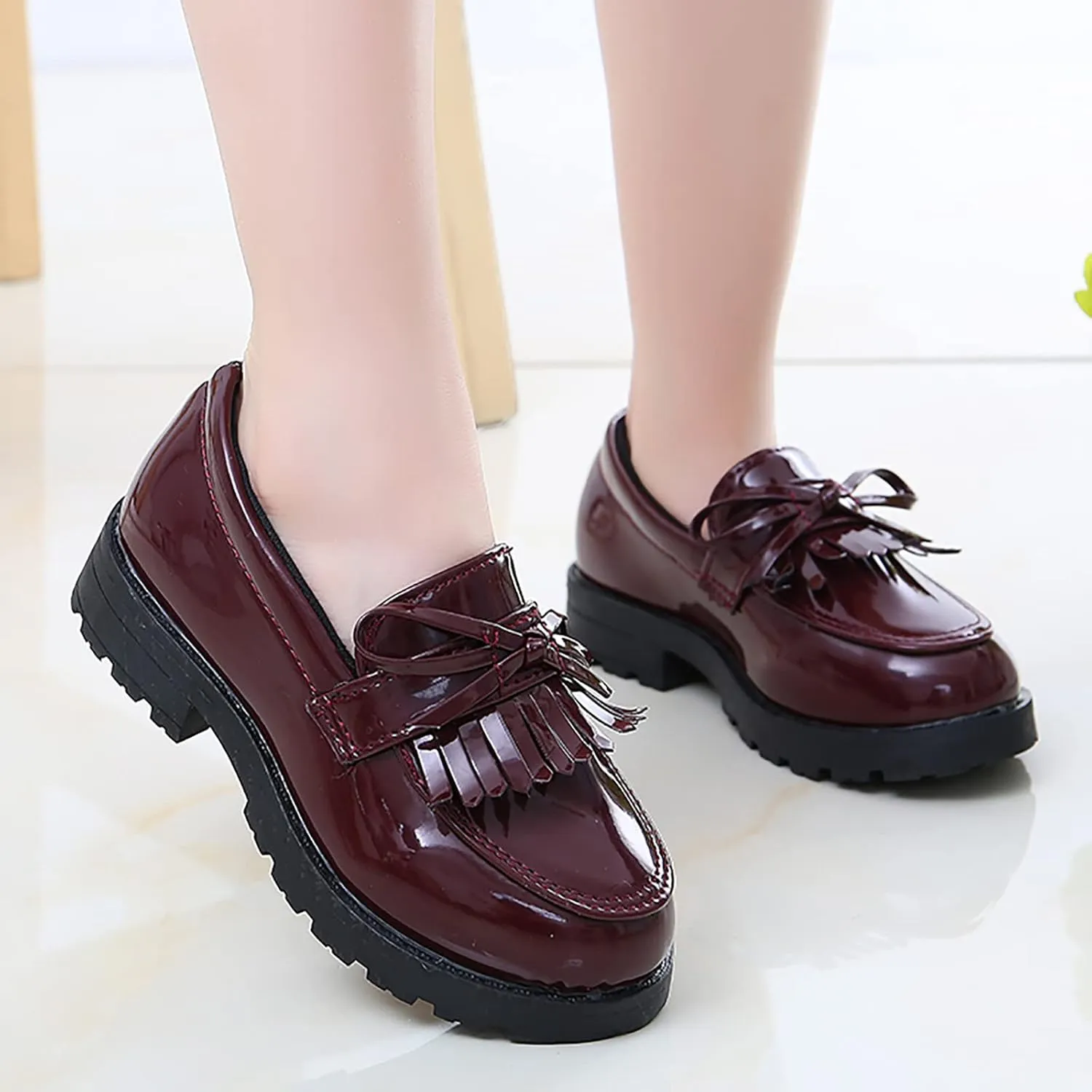 Girls Slip On Leather Loafer Shoes Kids Toddler Baby Tassel Bow School Dress Up Shoes
