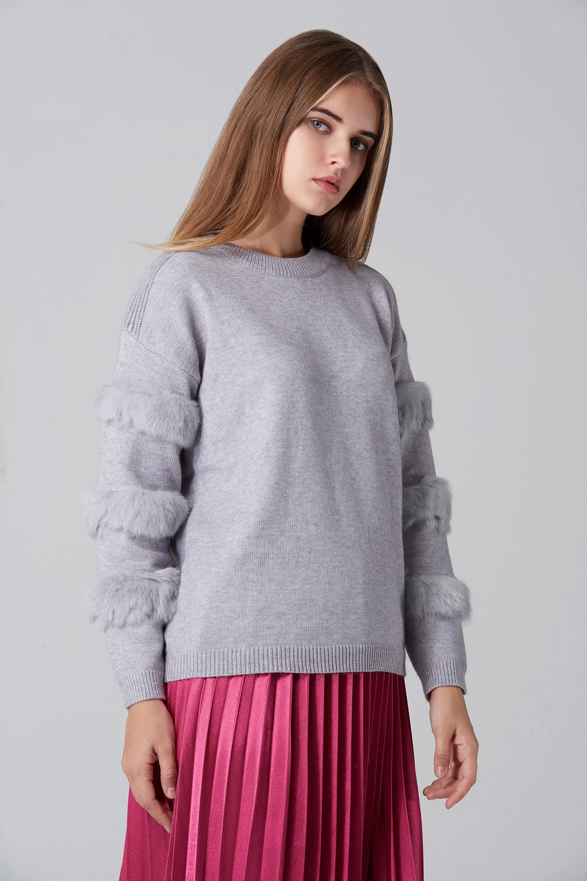 Grey Fur Strip Sleeve Top