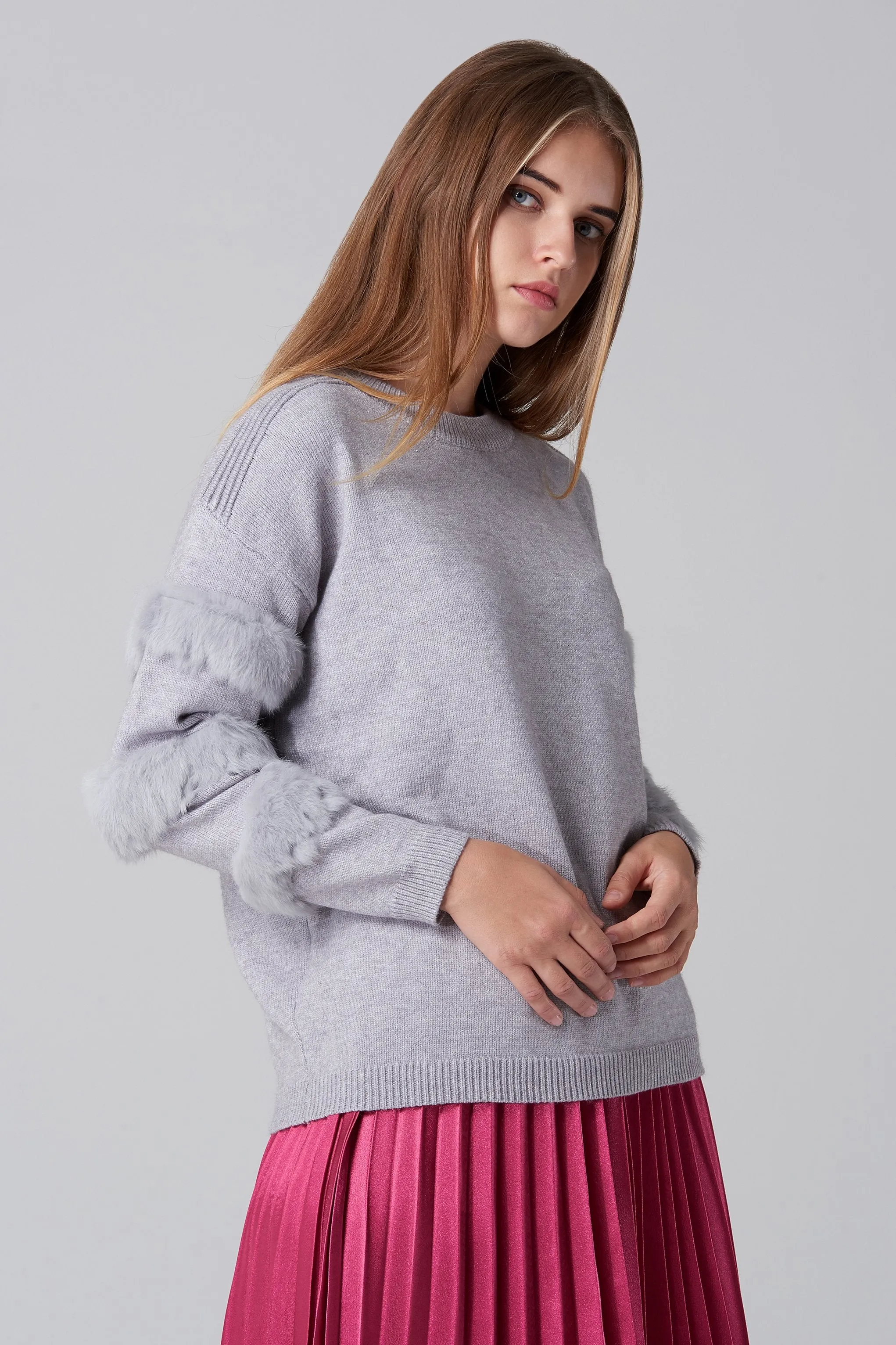 Grey Fur Strip Sleeve Top