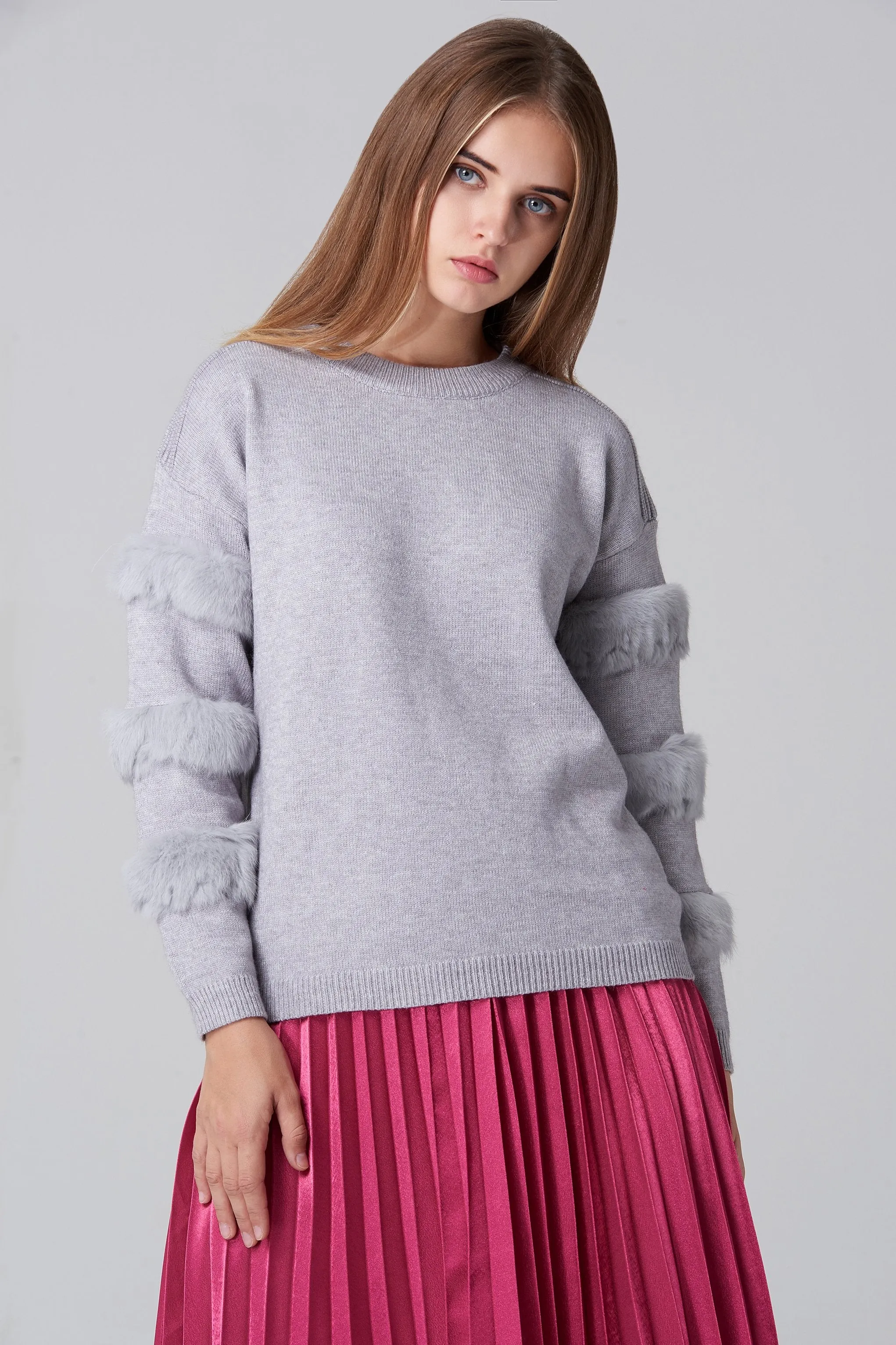 Grey Fur Strip Sleeve Top