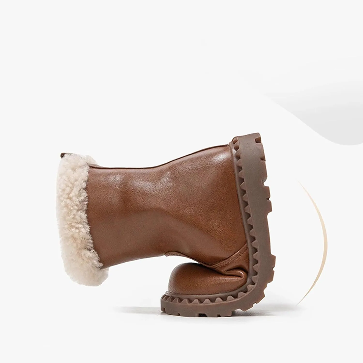 Kids Girls Faux Fr Leather Boots, Warm Winter Flat Bottom Non-Slip Fuzzy Mid Calf Snow Boots for Boots High for Girls